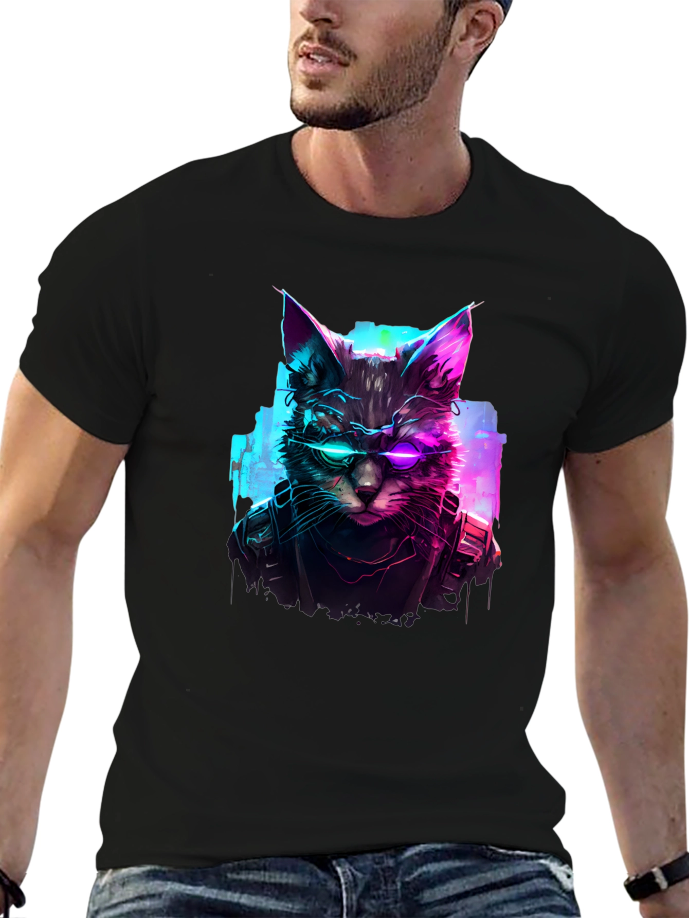Cyberpunk Cat T-Shirt - Futuristic Feline Design
