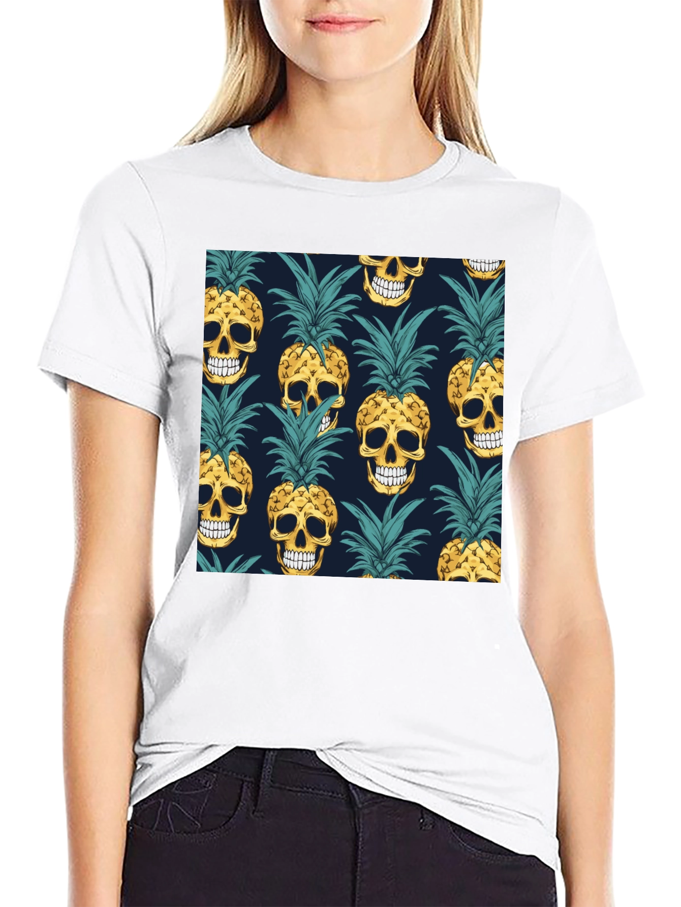 Skull Pineapple Print Black T-Shirt
