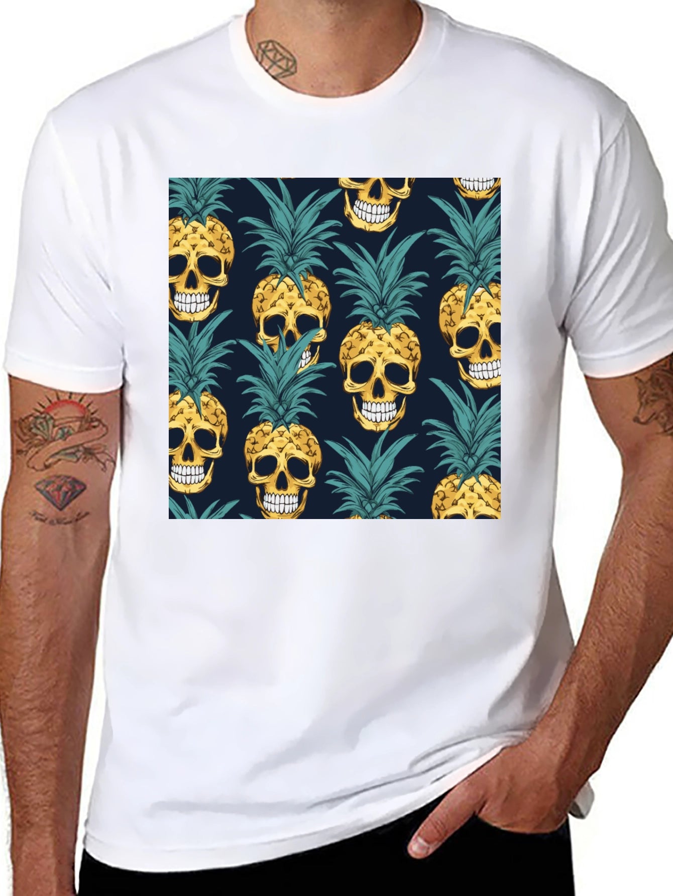 Skull Pineapple Print Black T-Shirt
