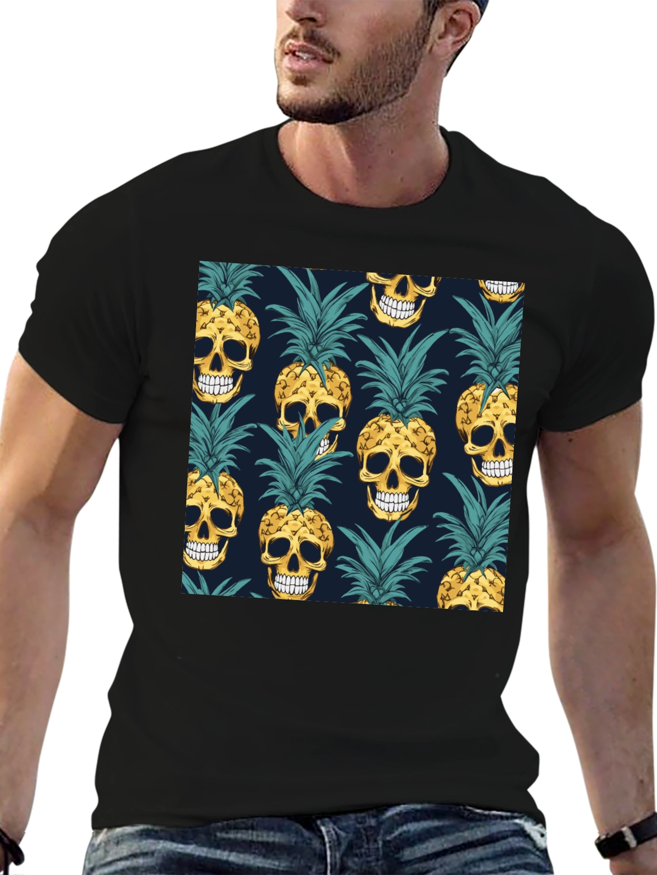 Skull Pineapple Print Black T-Shirt
