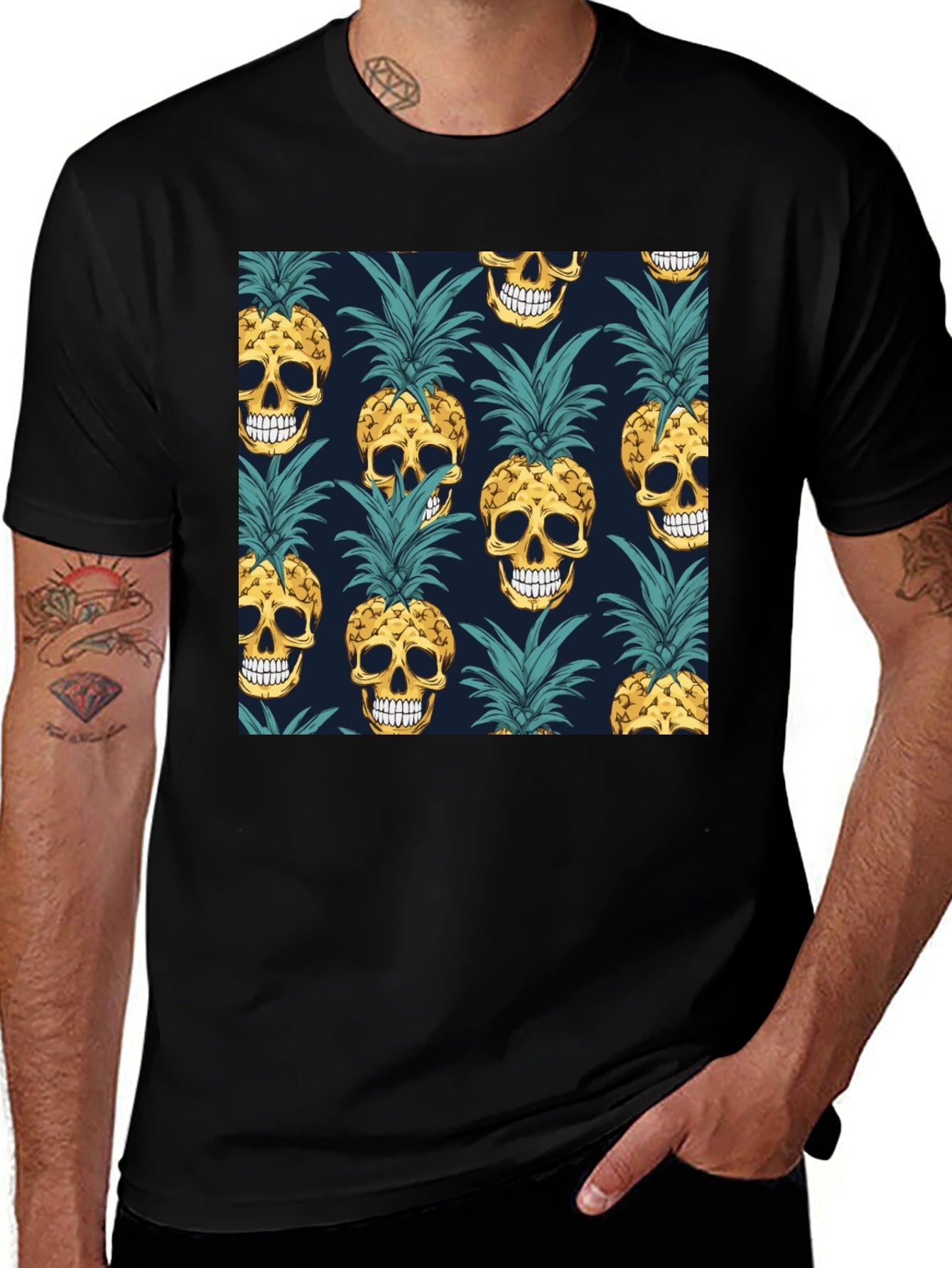 Skull Pineapple Print Black T-Shirt