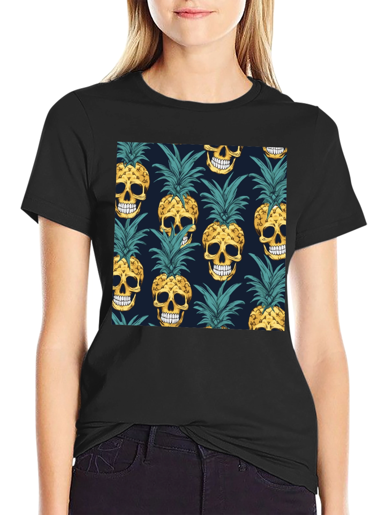 Skull Pineapple Print Black T-Shirt