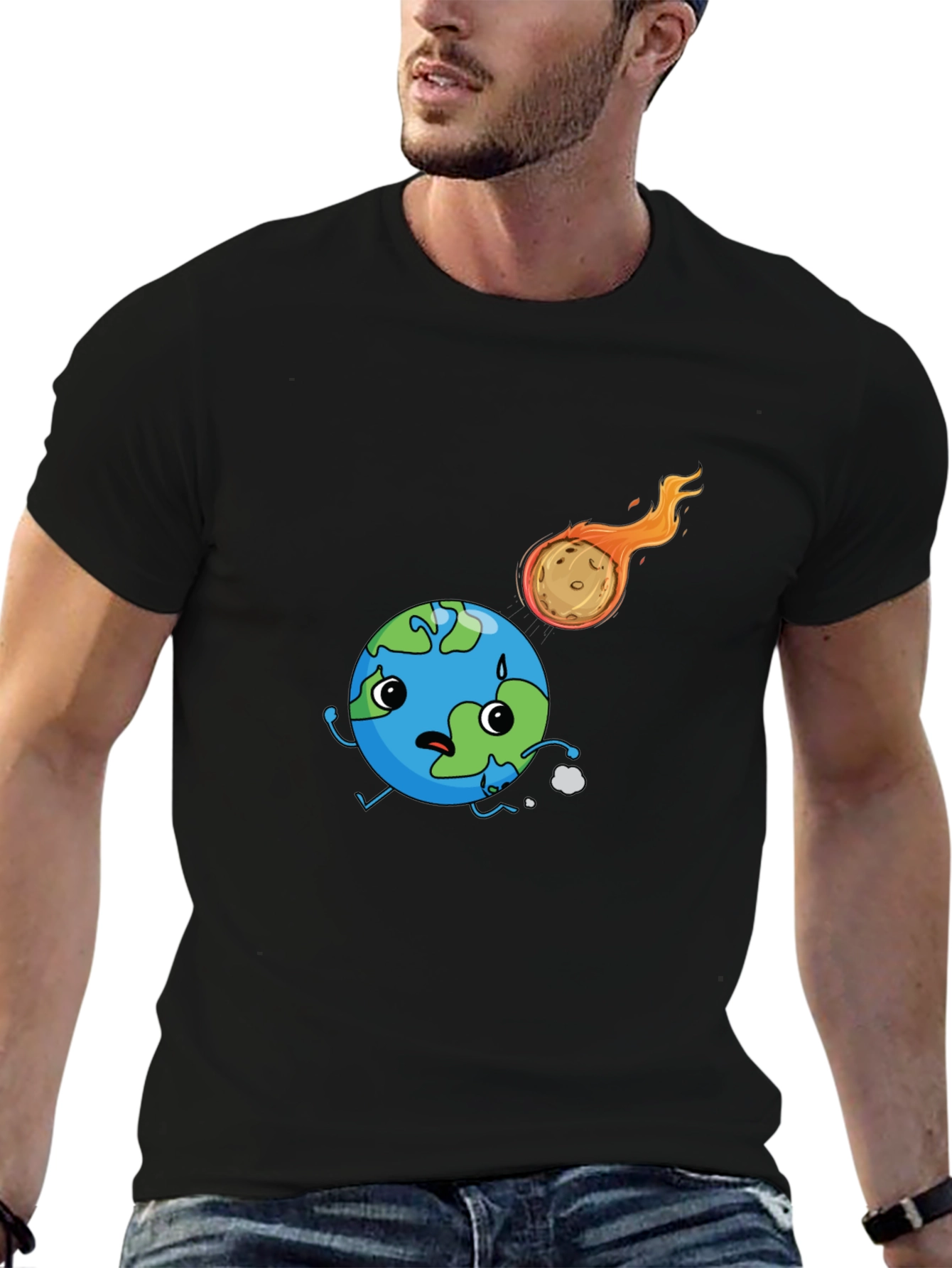 Earth vs Asteroid Graphic Black T-Shirt