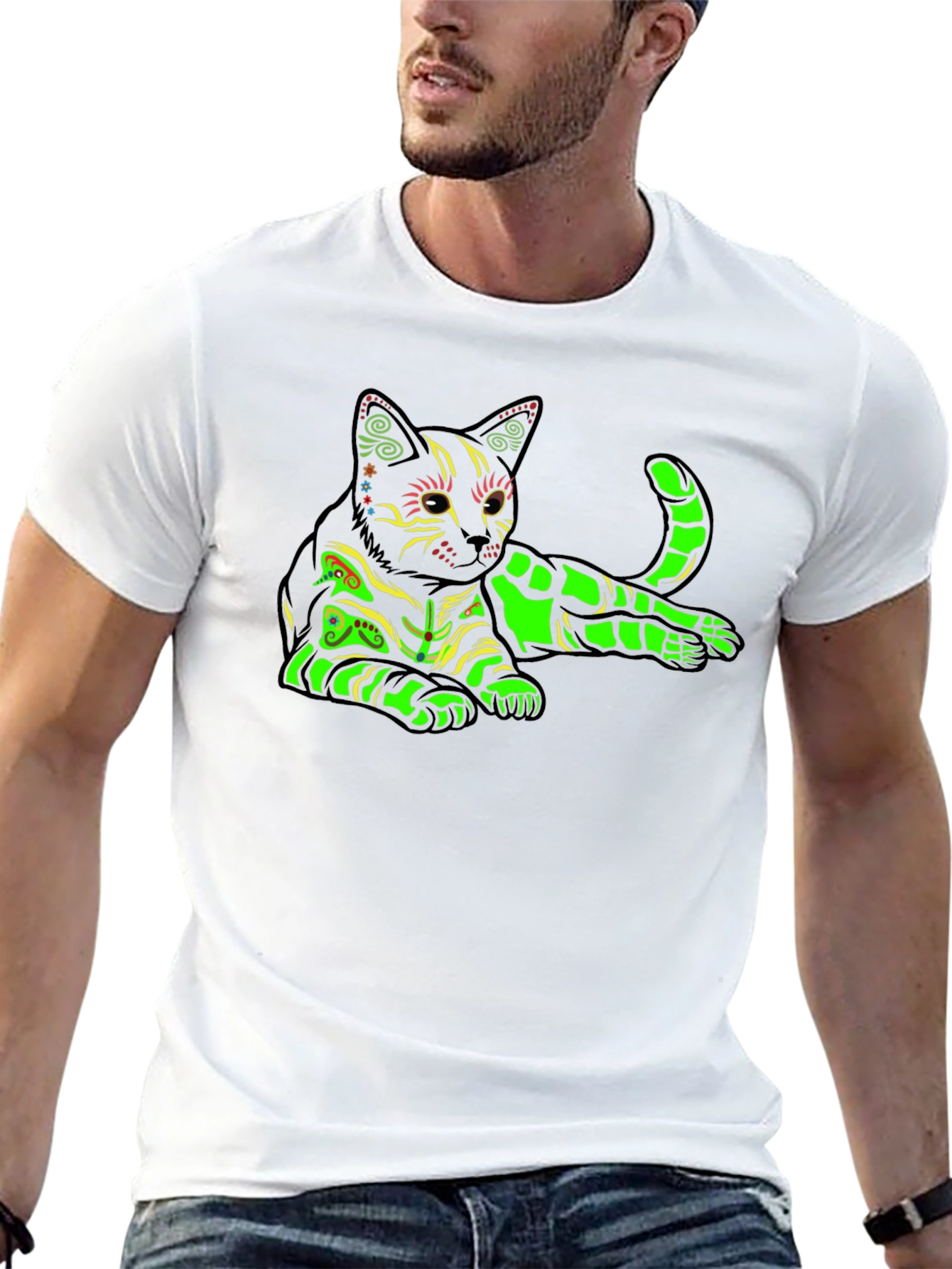 Neon Cat Graphic T-Shirt - Black