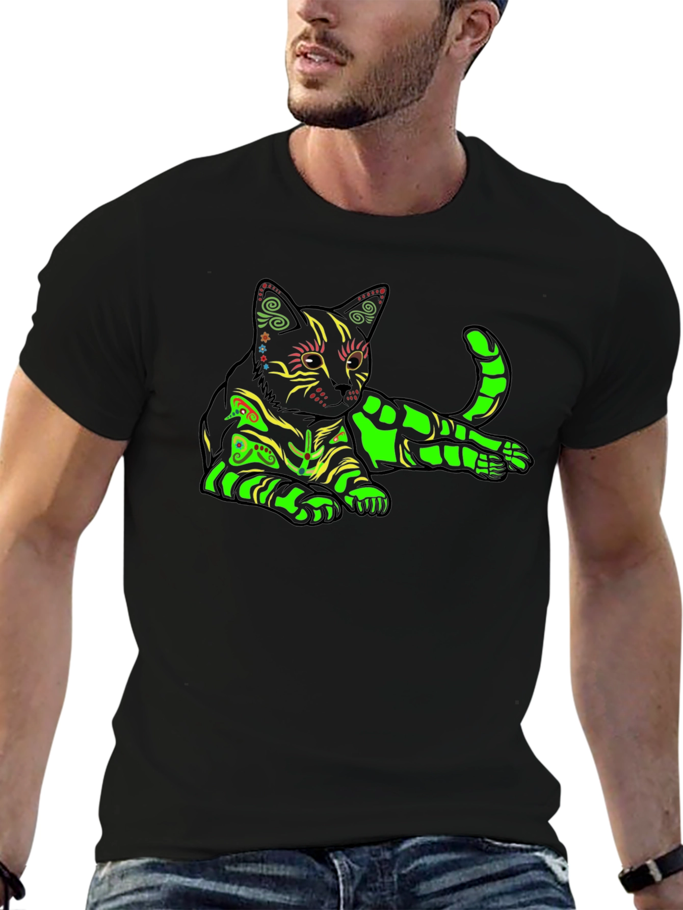 Neon Cat Graphic T-Shirt - Black