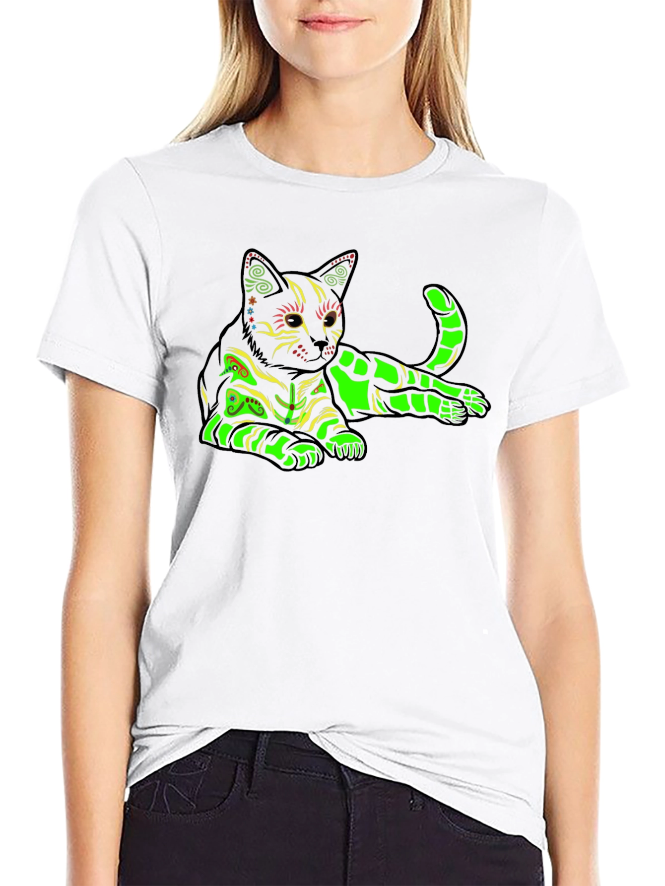 Neon Cat Graphic T-Shirt - Black