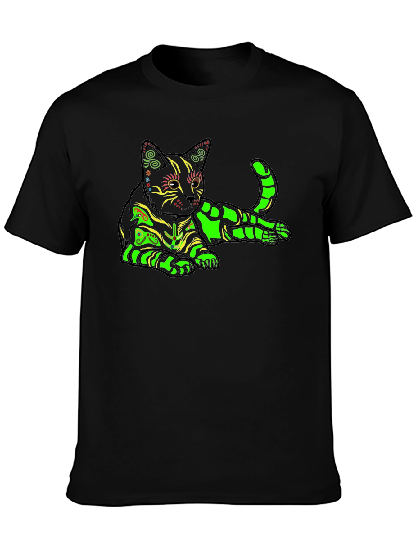 Neon Cat Graphic T-Shirt - Black