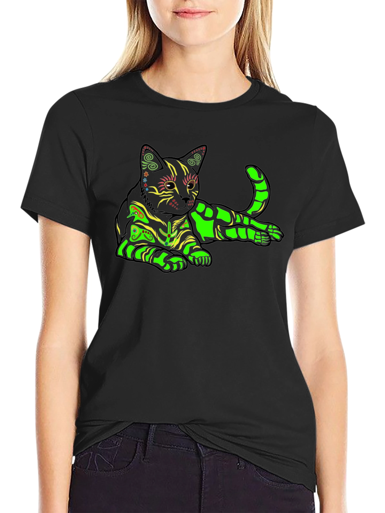 Neon Cat Graphic T-Shirt - Black