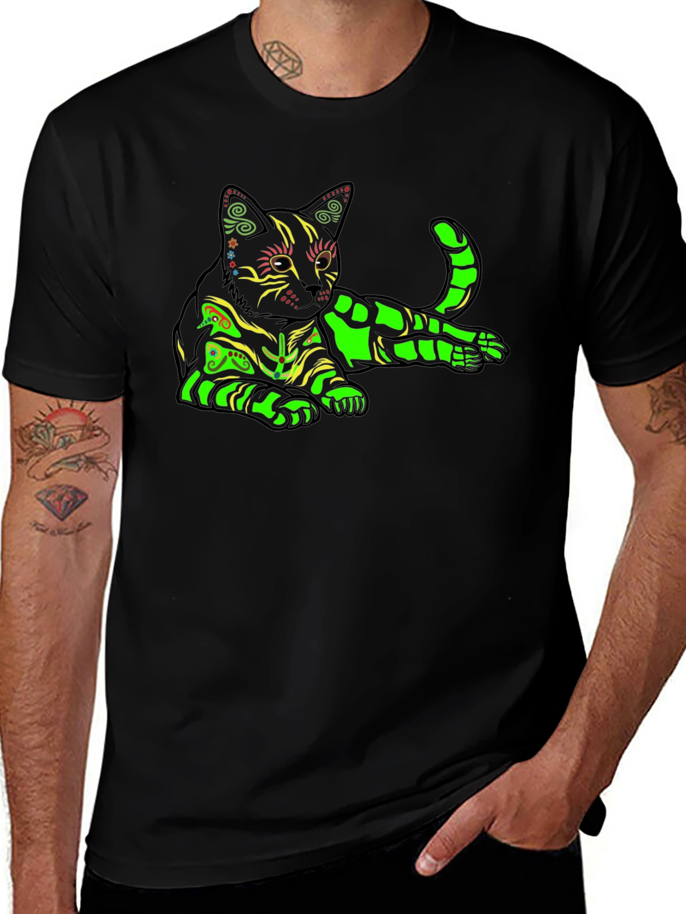 Neon Cat Graphic T-Shirt - Black