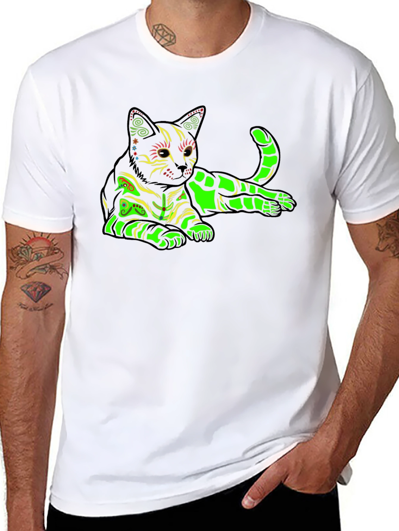 Neon Cat Graphic T-Shirt - Black