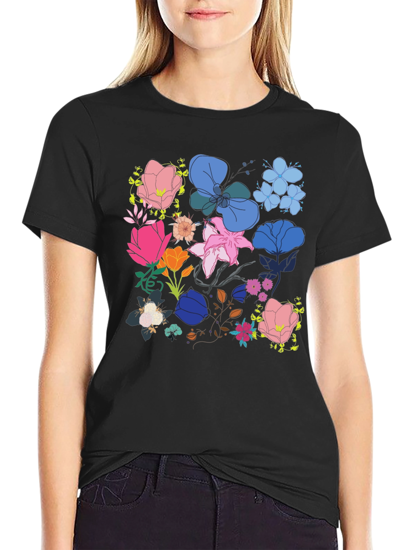 Floral Print Graphic Tee - Black