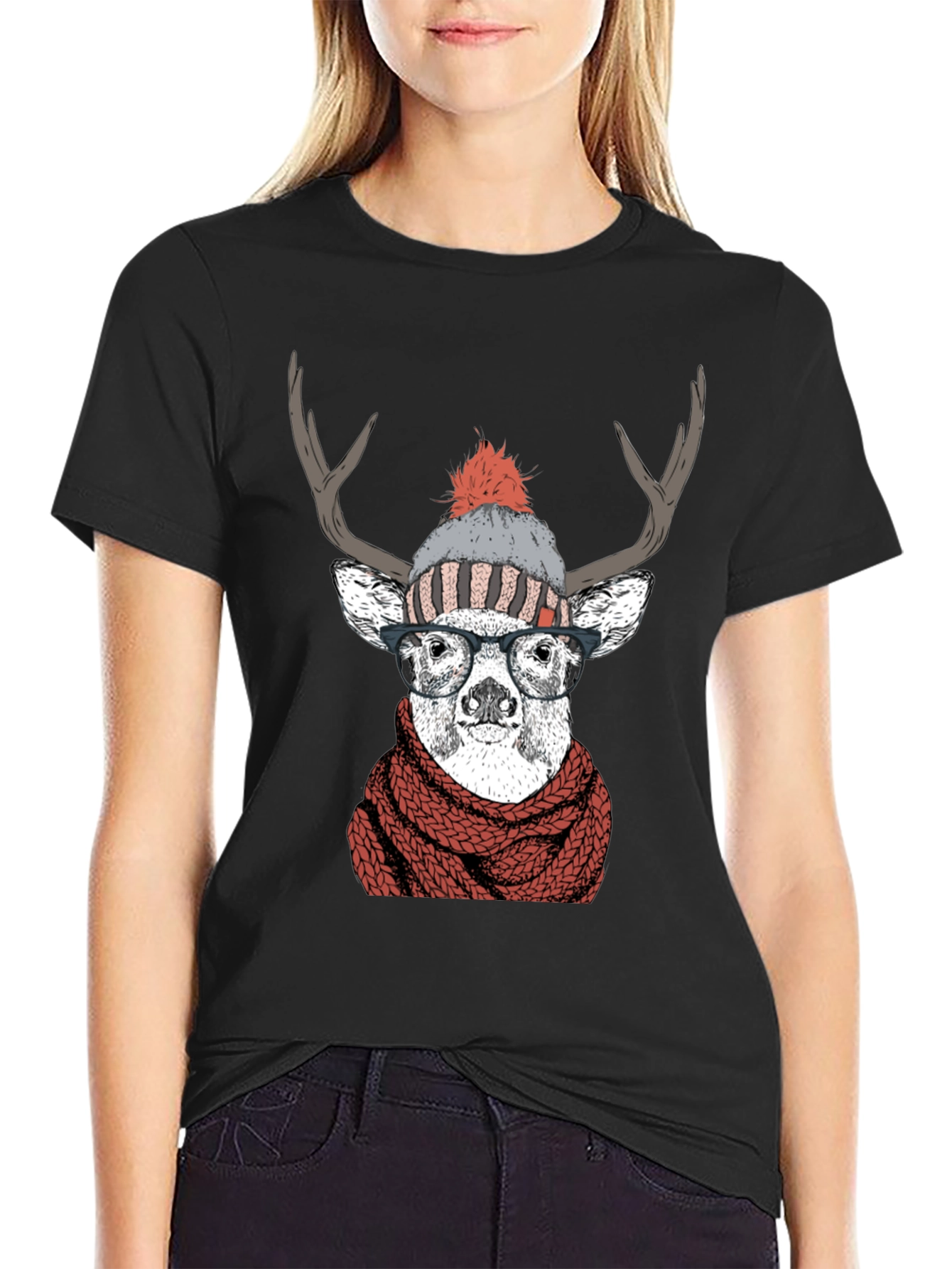 Hipster Deer Graphic Tee - Antler Scarf & Glasses