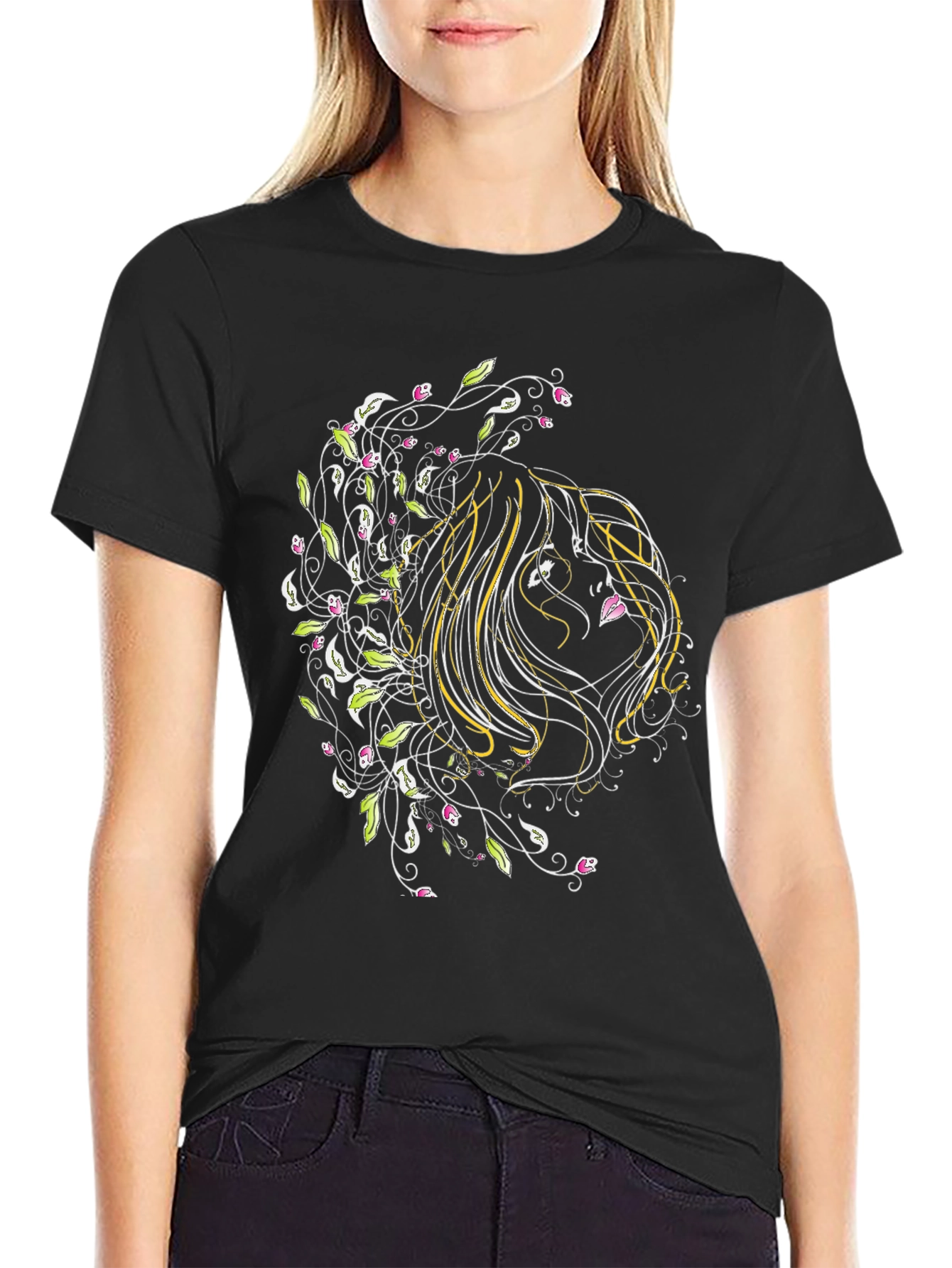 Floral Woman Graphic Black T-Shirt