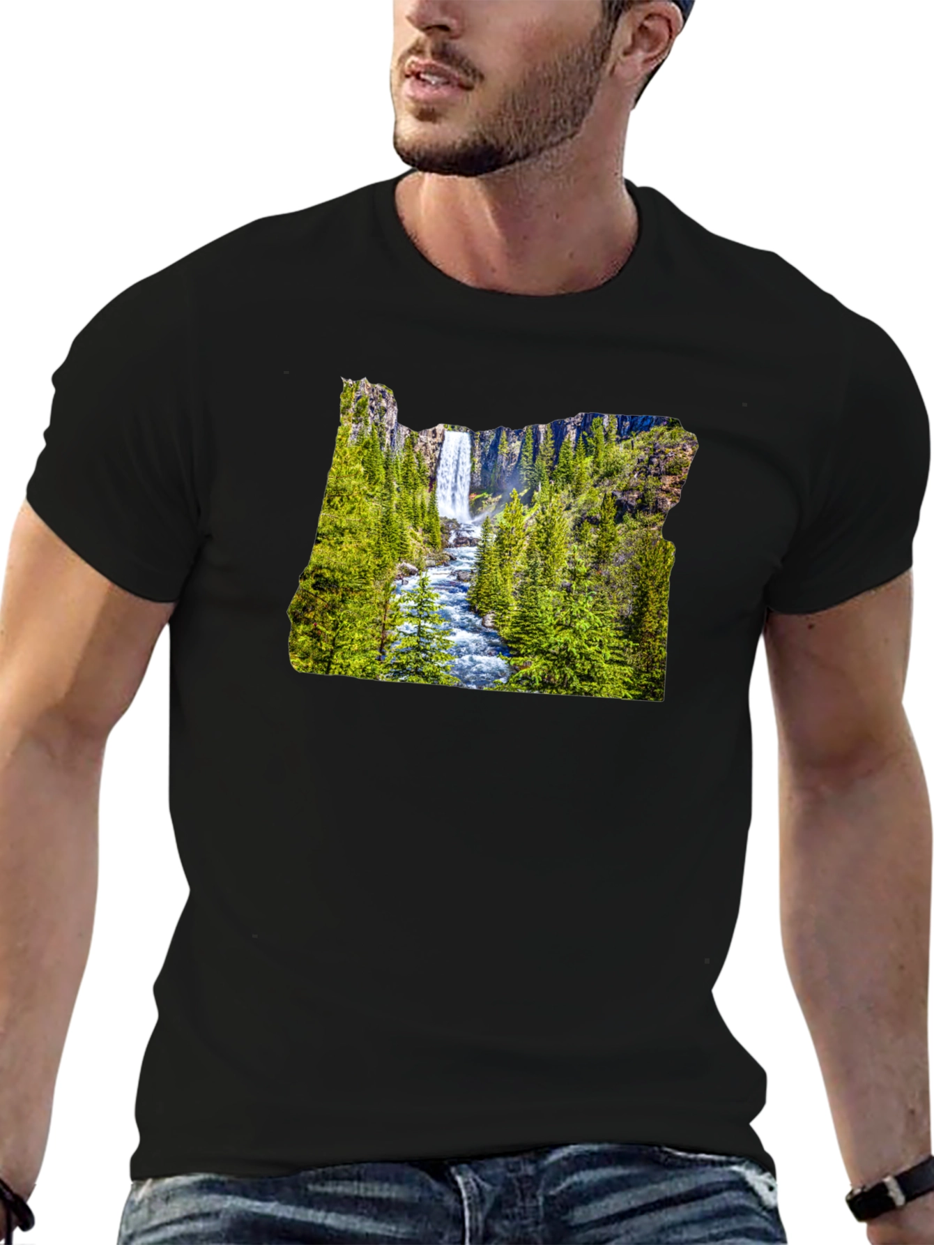 Oregon Waterfall Graphic Tee - Black Casual Shirt