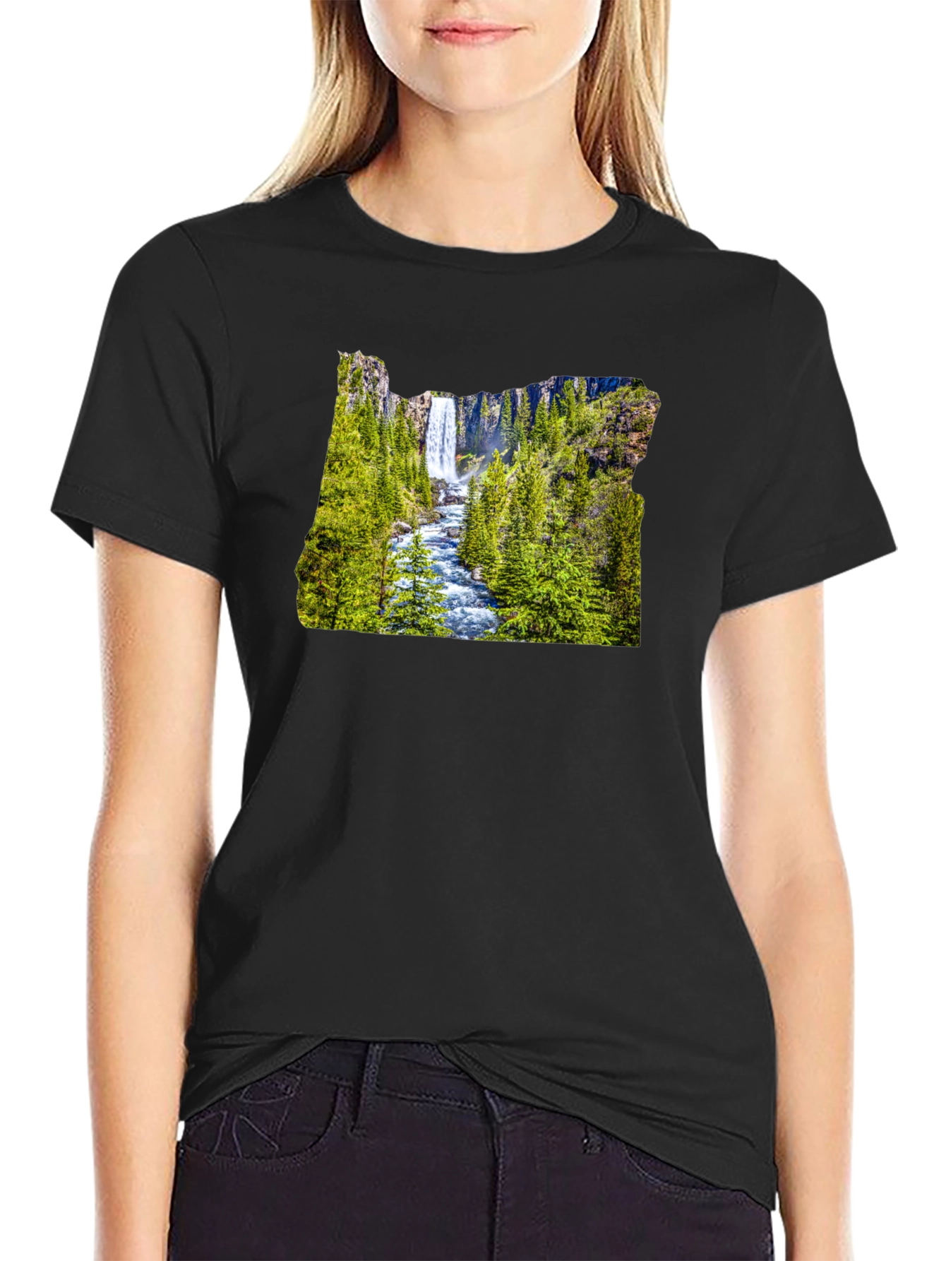 Oregon Waterfall Graphic Tee - Black Casual Shirt