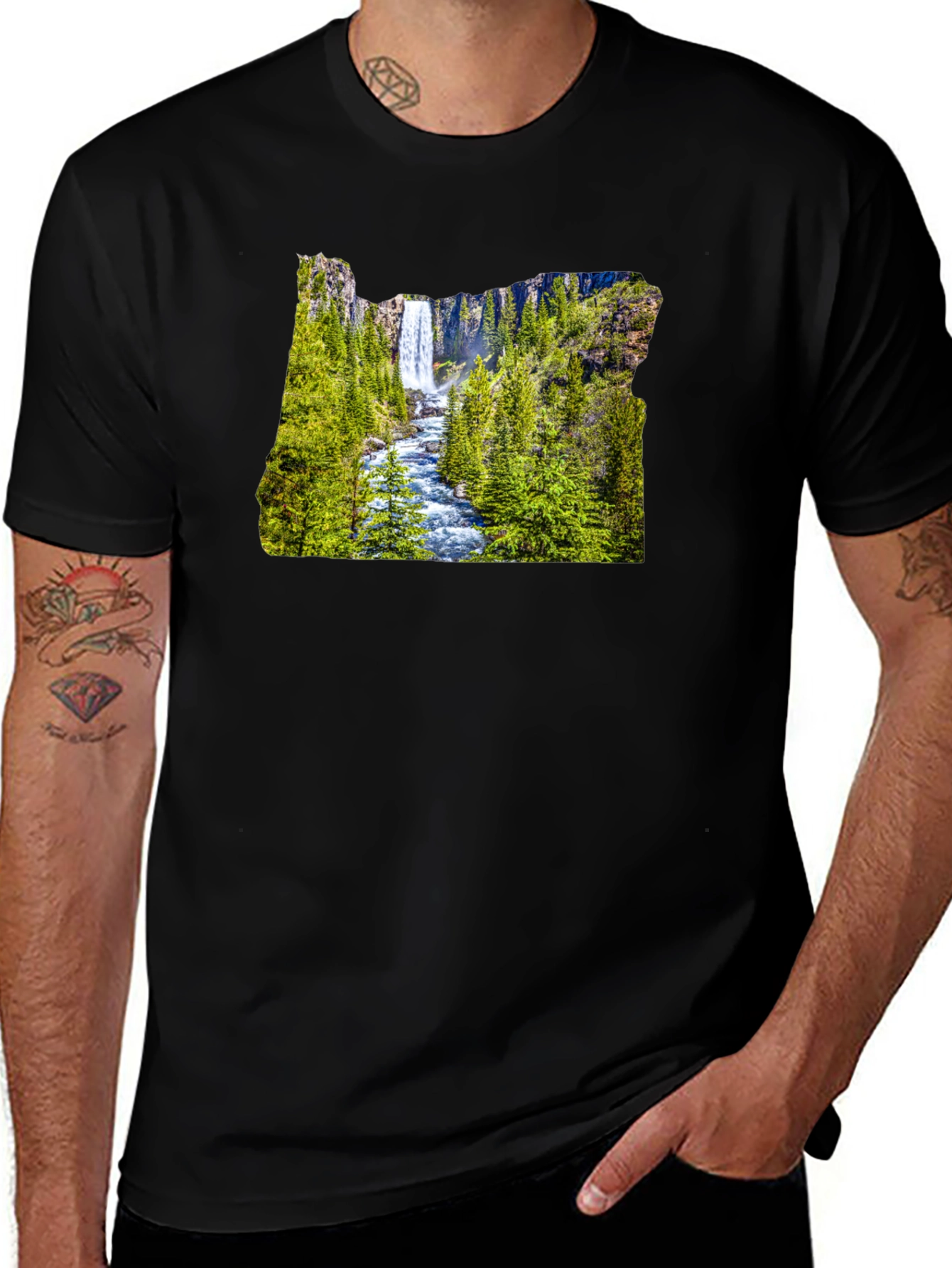 Oregon Waterfall Graphic Tee - Black Casual Shirt