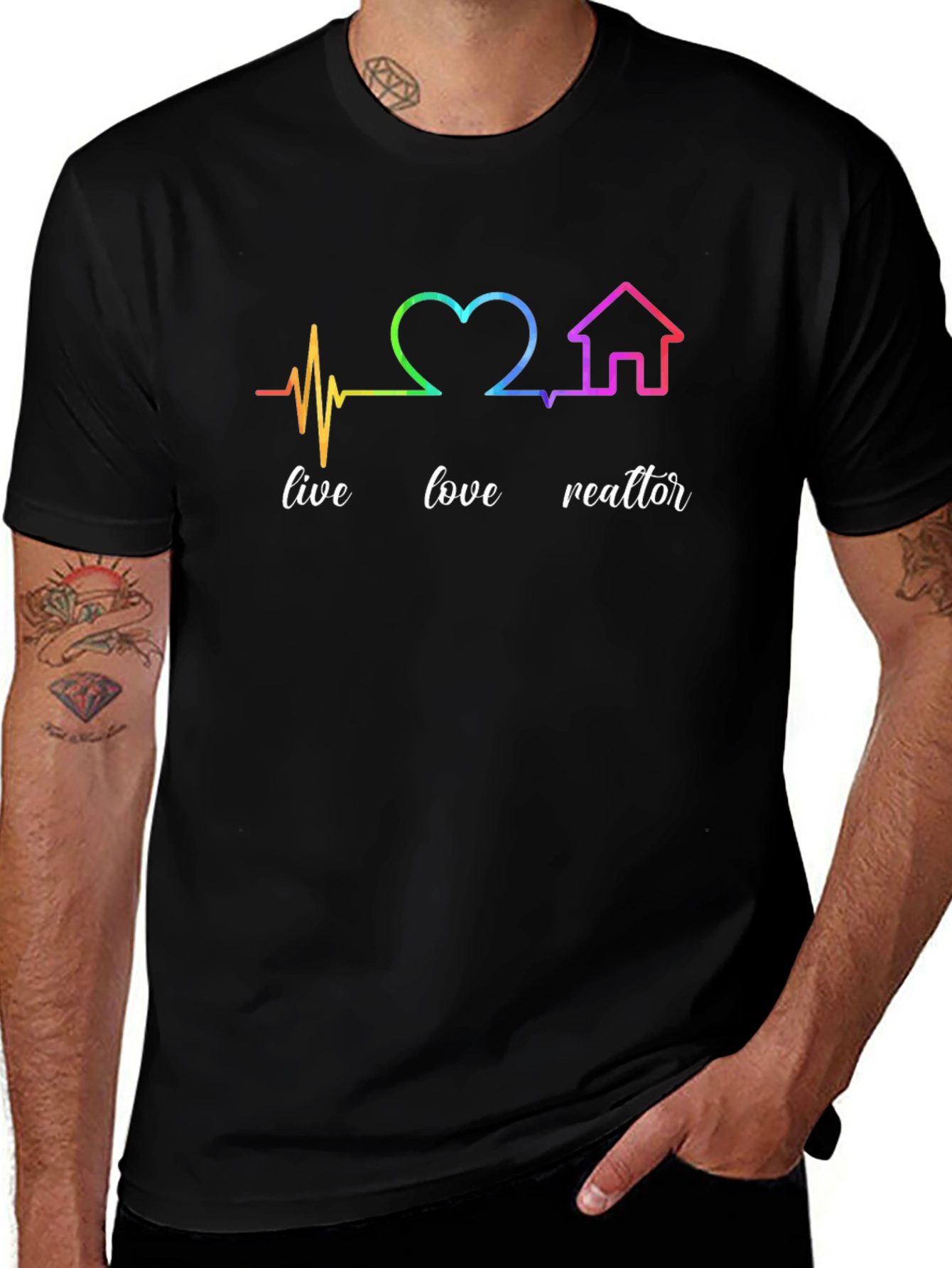 Live Love Realtor Rainbow Heartbeat Graphic T-Shirt