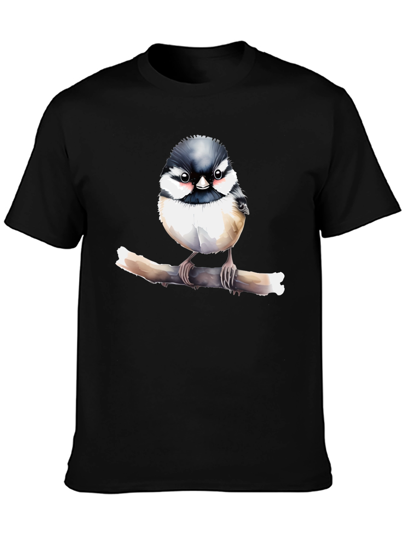 Cute Bird on Branch Graphic Black T-Shirt