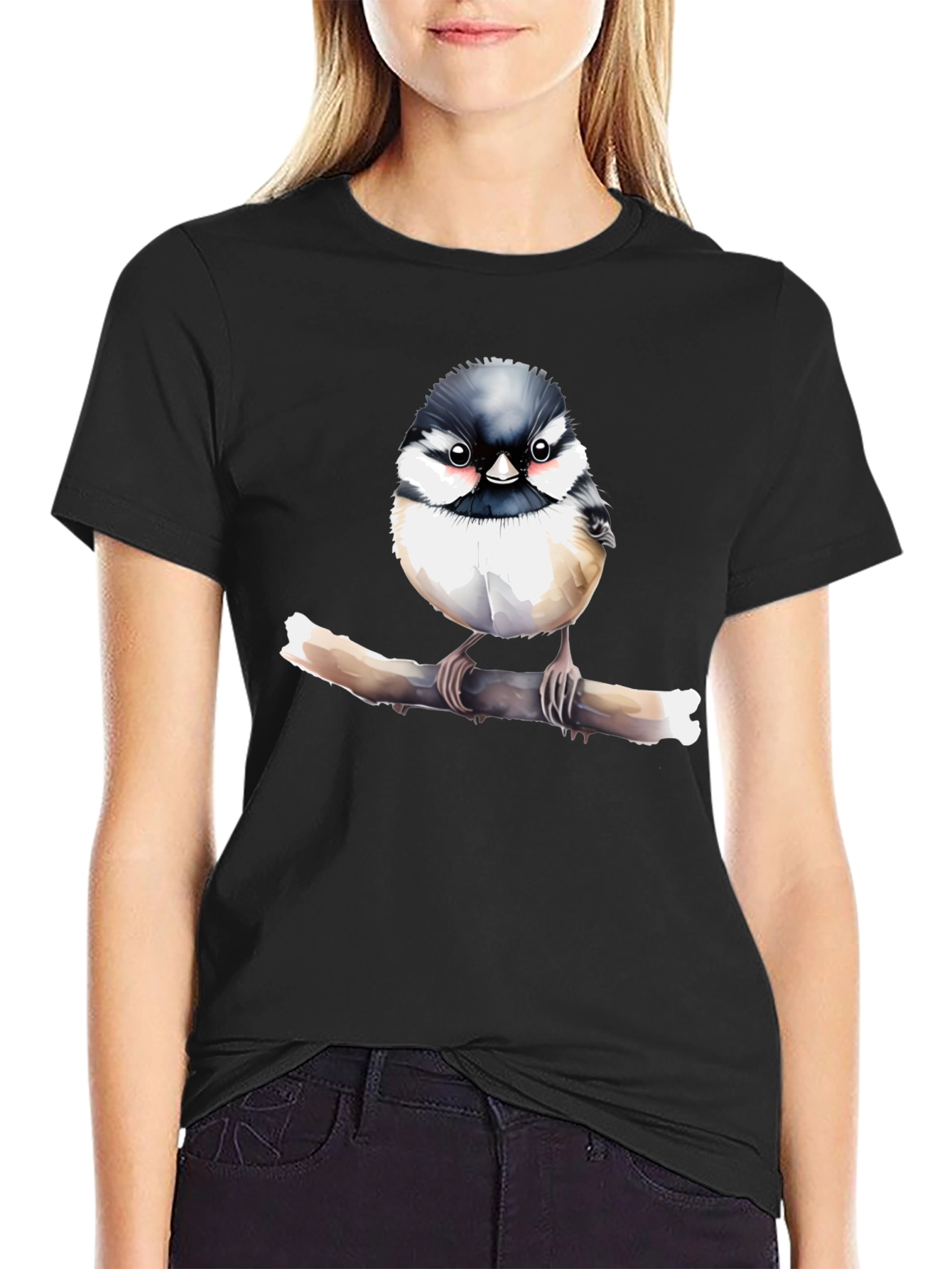 Cute Bird on Branch Graphic Black T-Shirt