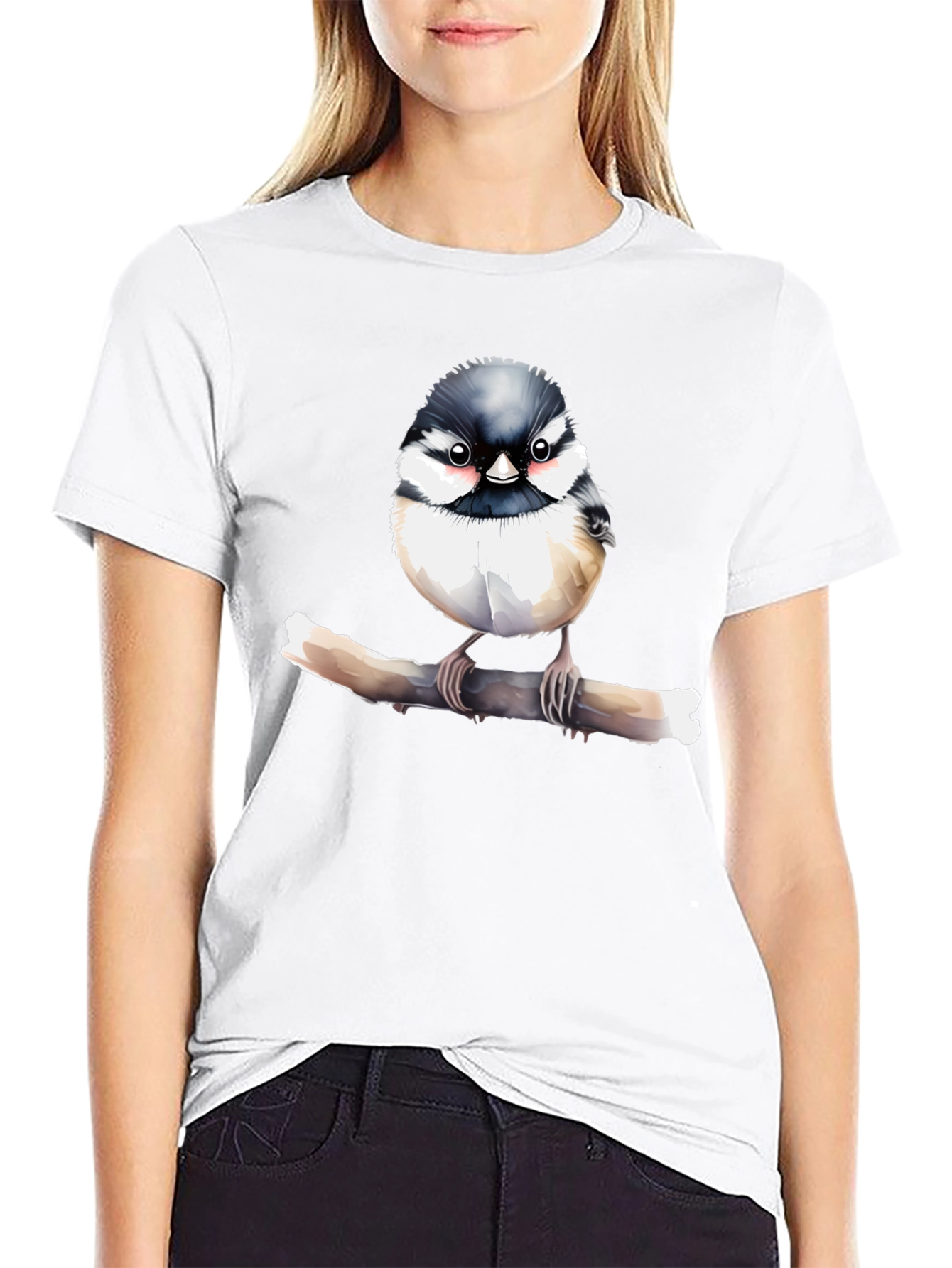 Cute Bird on Branch Graphic Black T-Shirt