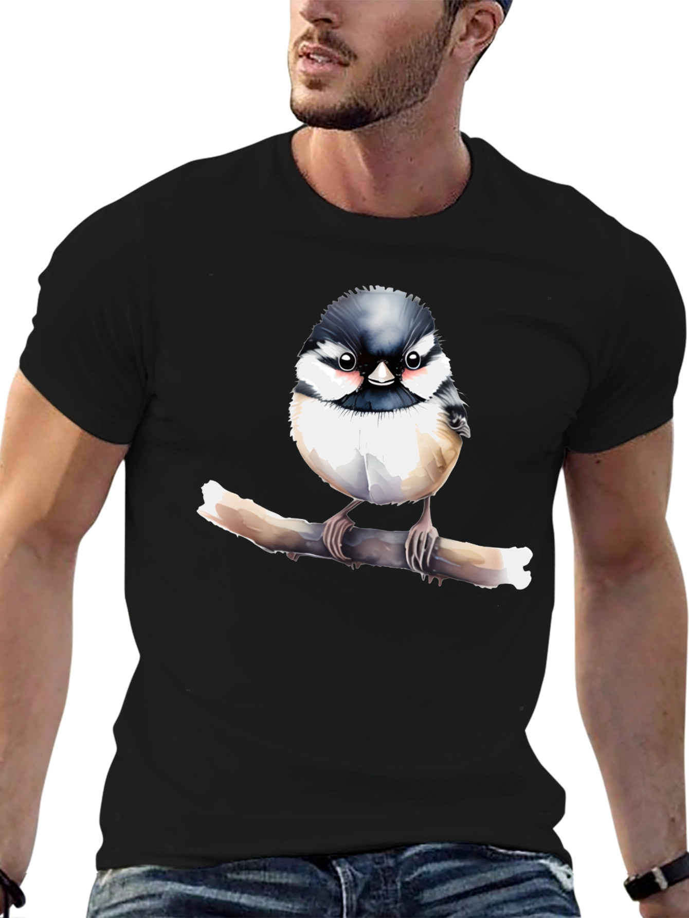 Cute Bird on Branch Graphic Black T-Shirt