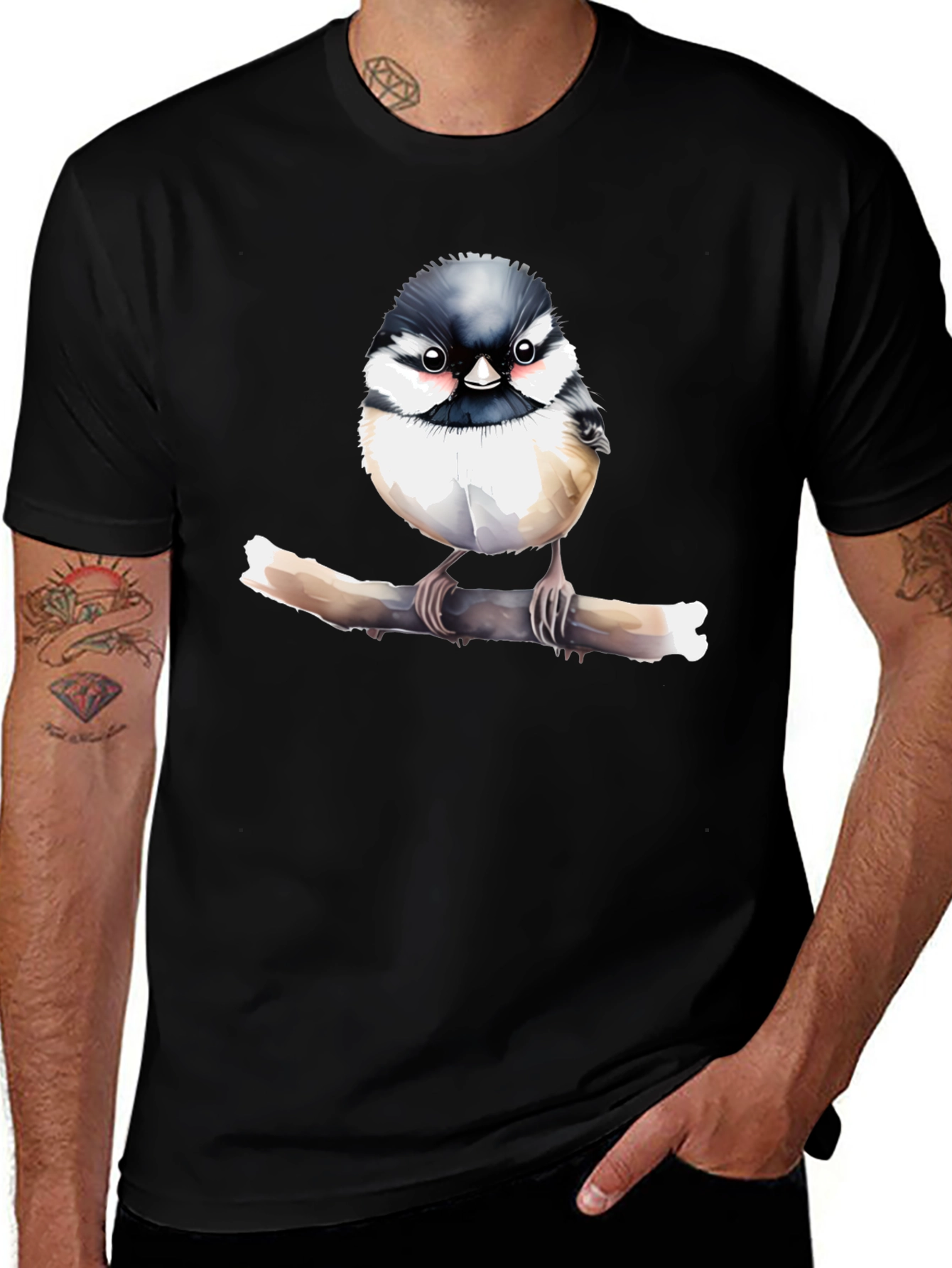 Cute Bird on Branch Graphic Black T-Shirt