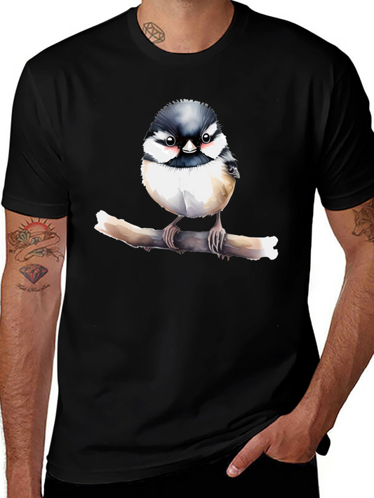 Cute Bird on Branch Graphic Black T-Shirt