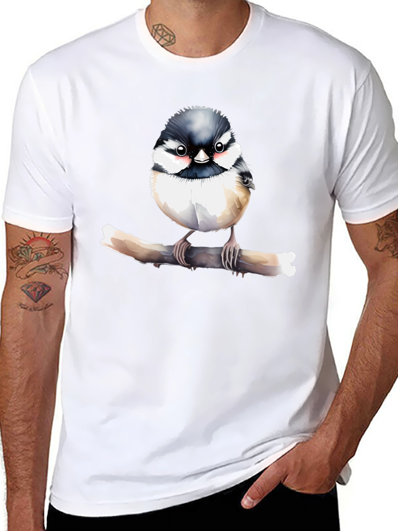 Cute Bird on Branch Graphic Black T-Shirt