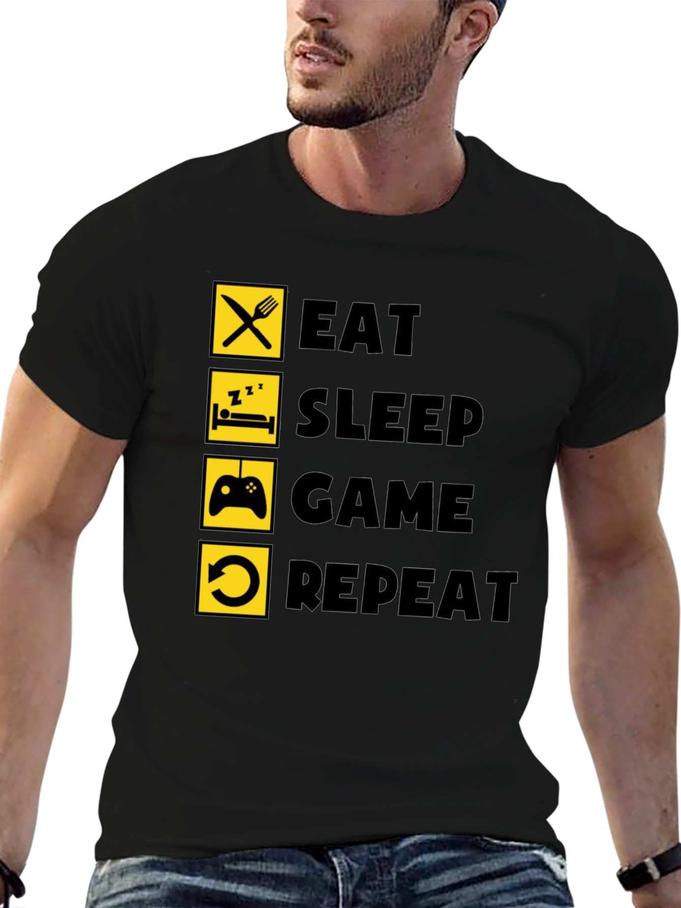 Eat Sleep Game Repeat Black Graphic Tee