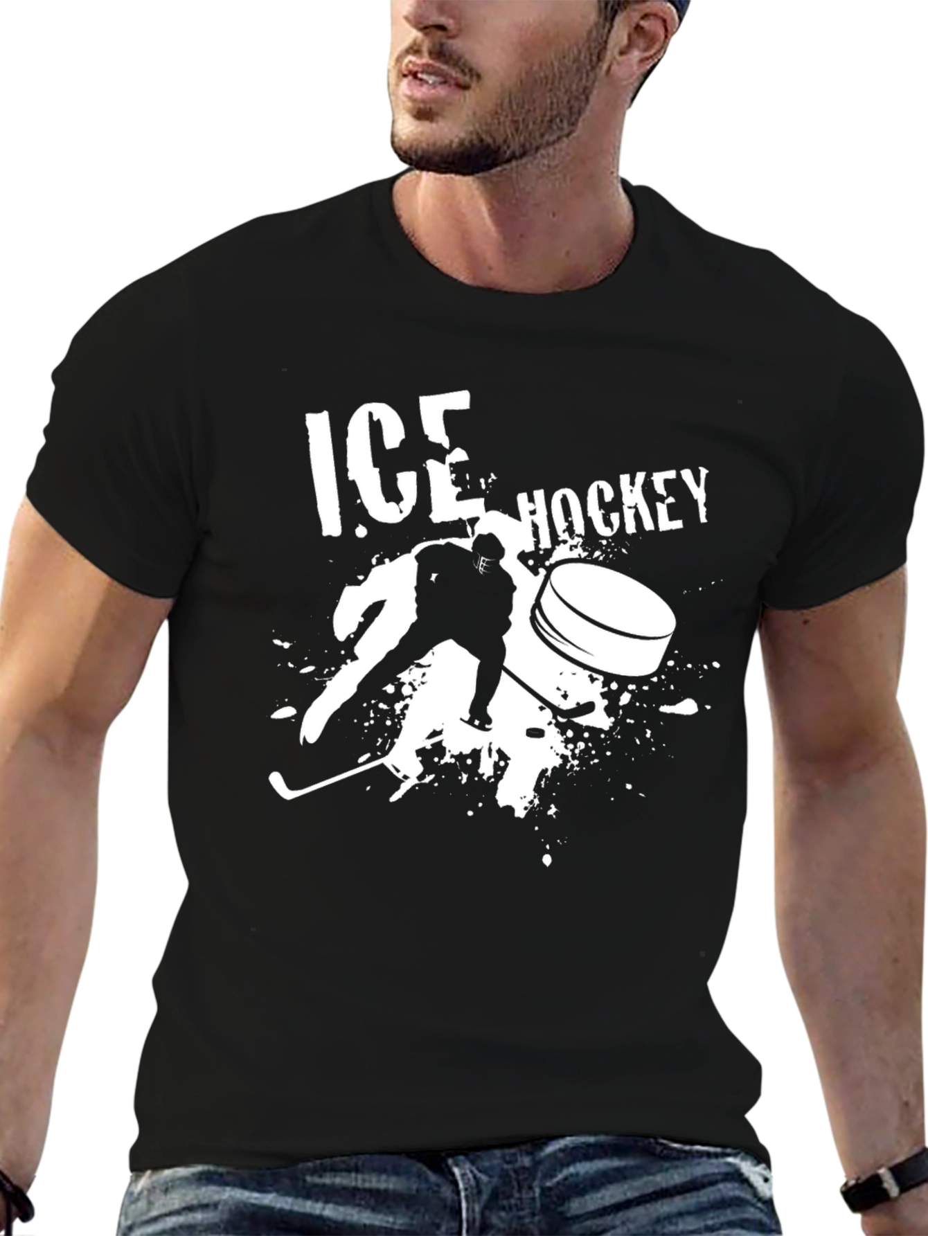 Ice Hockey Graphic Tee - Black Cotton T-Shirt