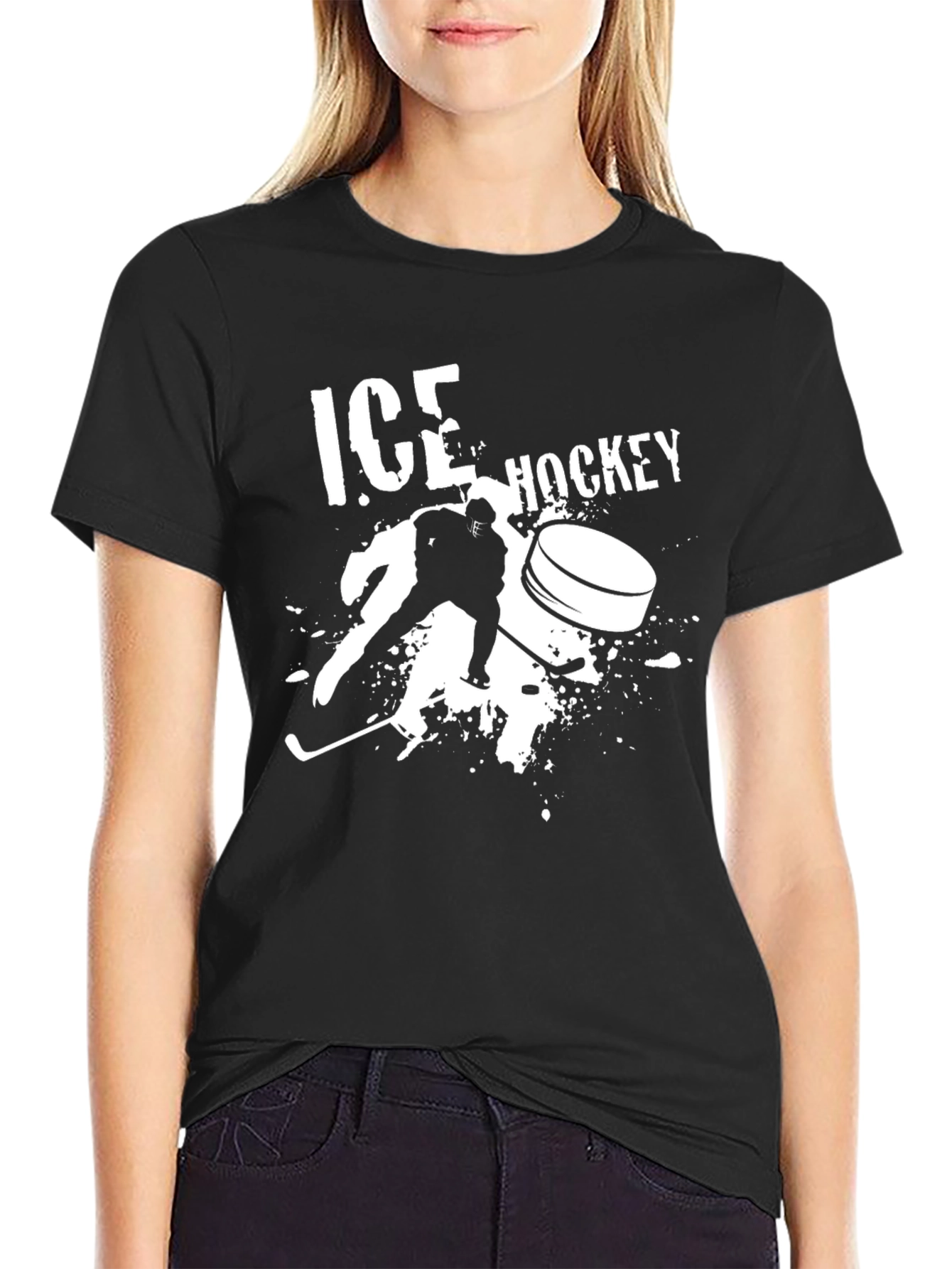 Ice Hockey Graphic Tee - Black Cotton T-Shirt
