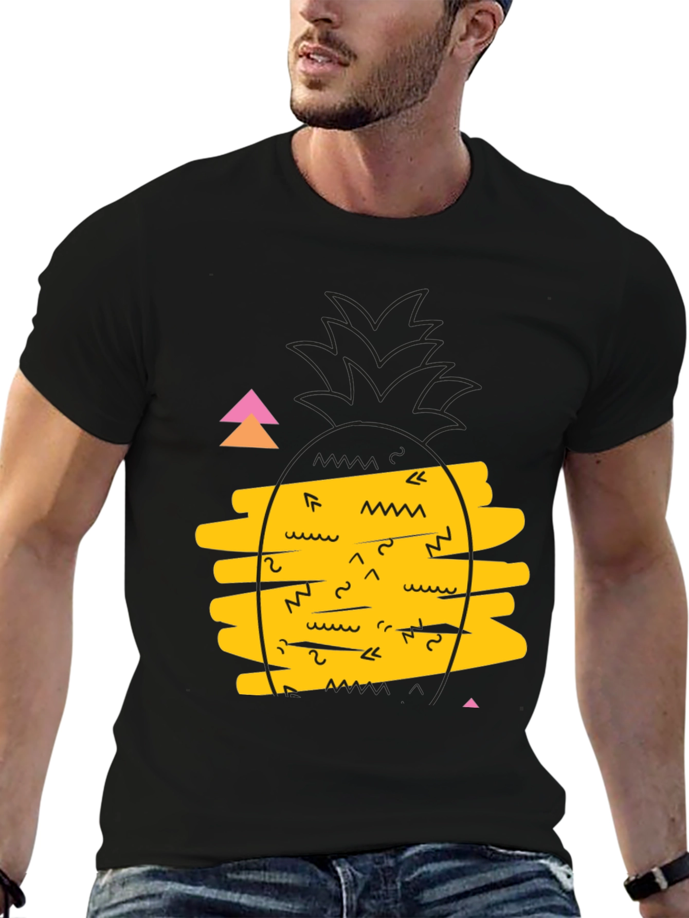 Retro Pineapple Graphic Tee - Black Cotton Casual T-Shirt