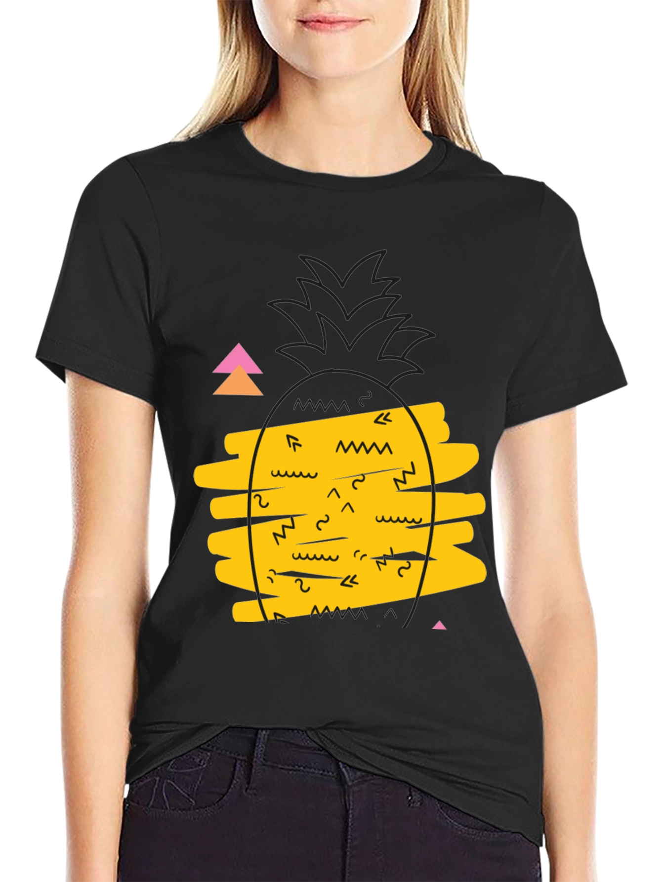 Retro Pineapple Graphic Tee - Black Cotton Casual T-Shirt