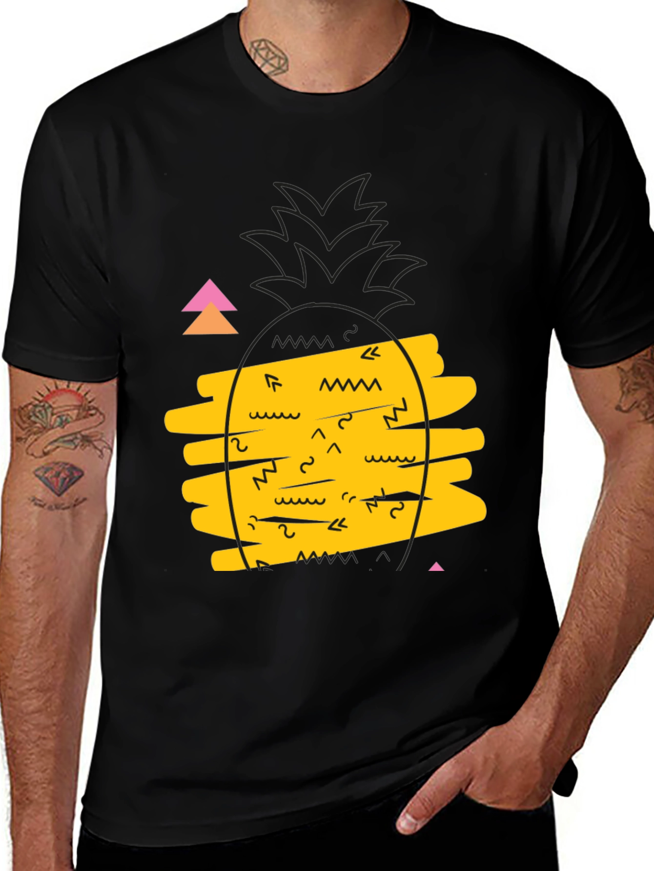 Retro Pineapple Graphic Tee - Black Cotton Casual T-Shirt