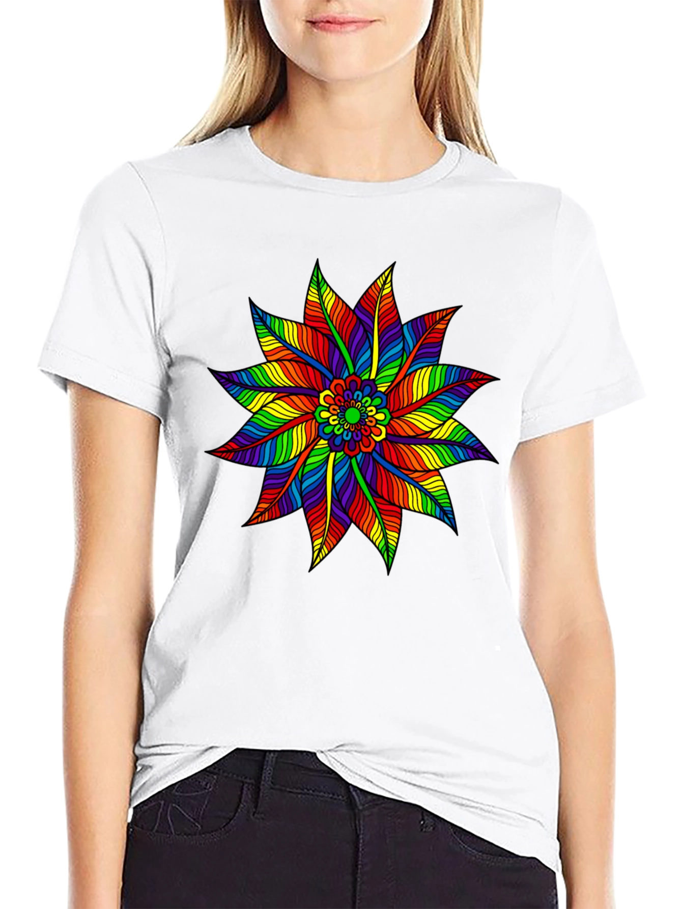 Rainbow Flower Graphic Tee - Stylish Black T-Shirt