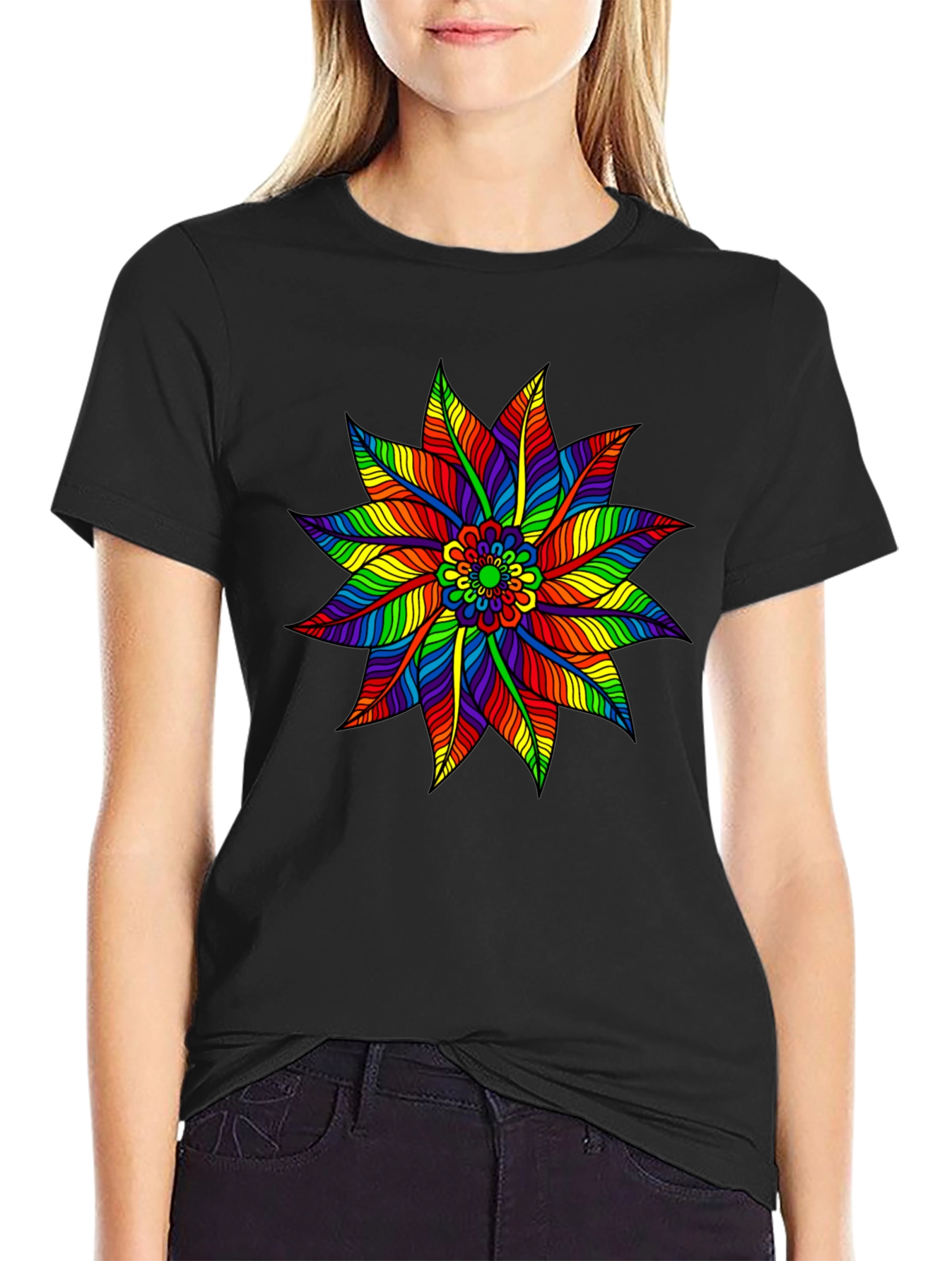 Rainbow Flower Graphic Tee - Stylish Black T-Shirt