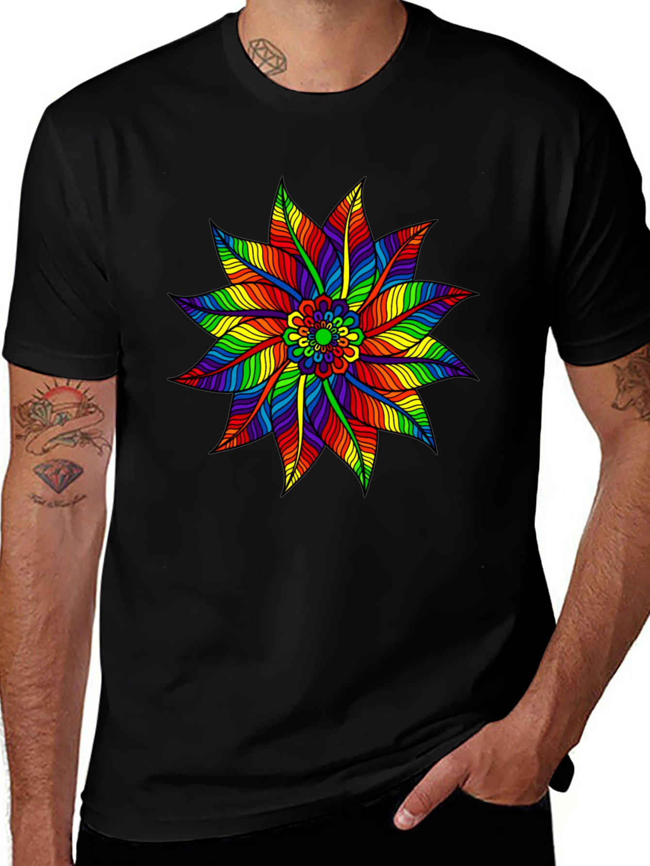 Rainbow Flower Graphic Tee - Stylish Black T-Shirt