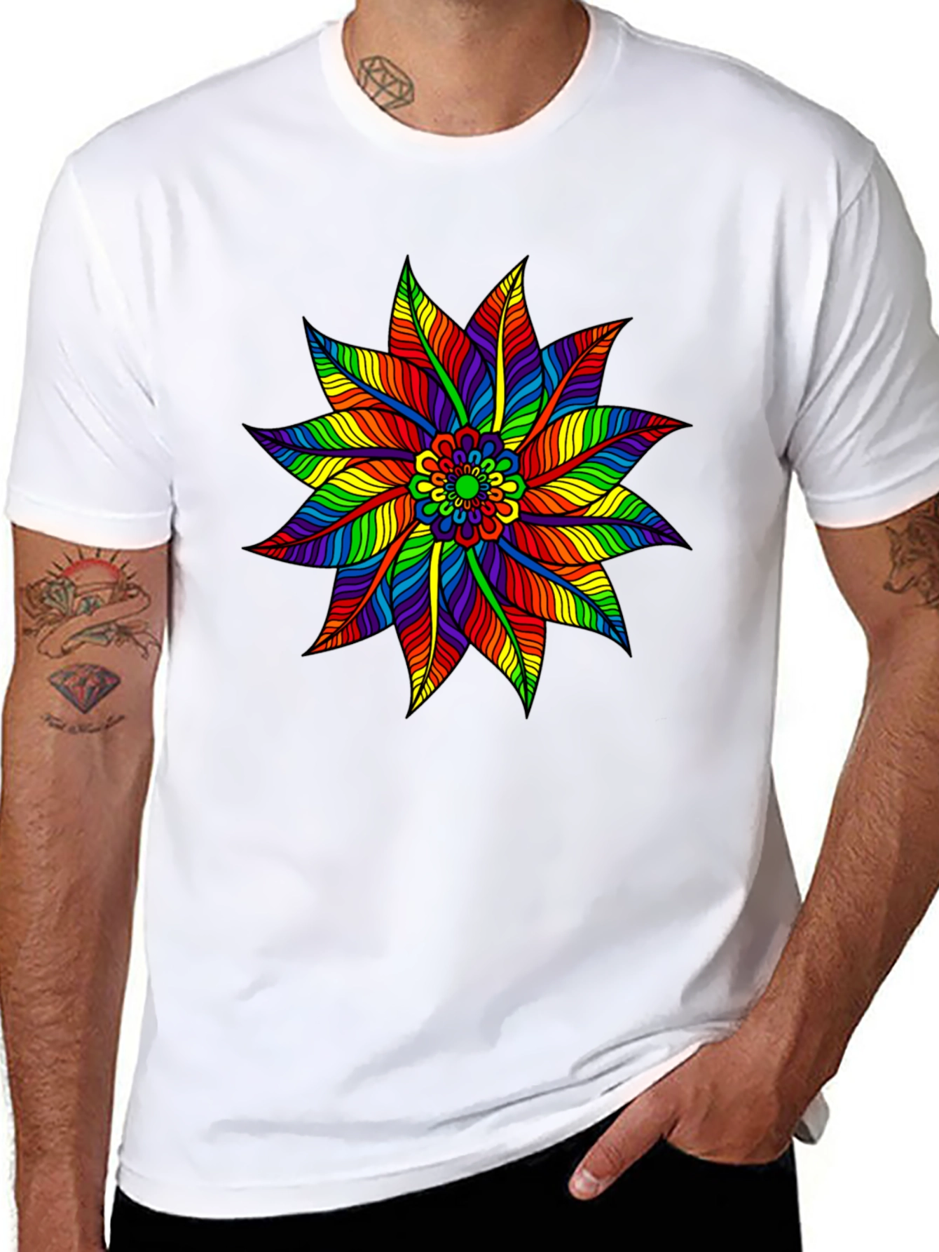 Rainbow Flower Graphic Tee - Stylish Black T-Shirt