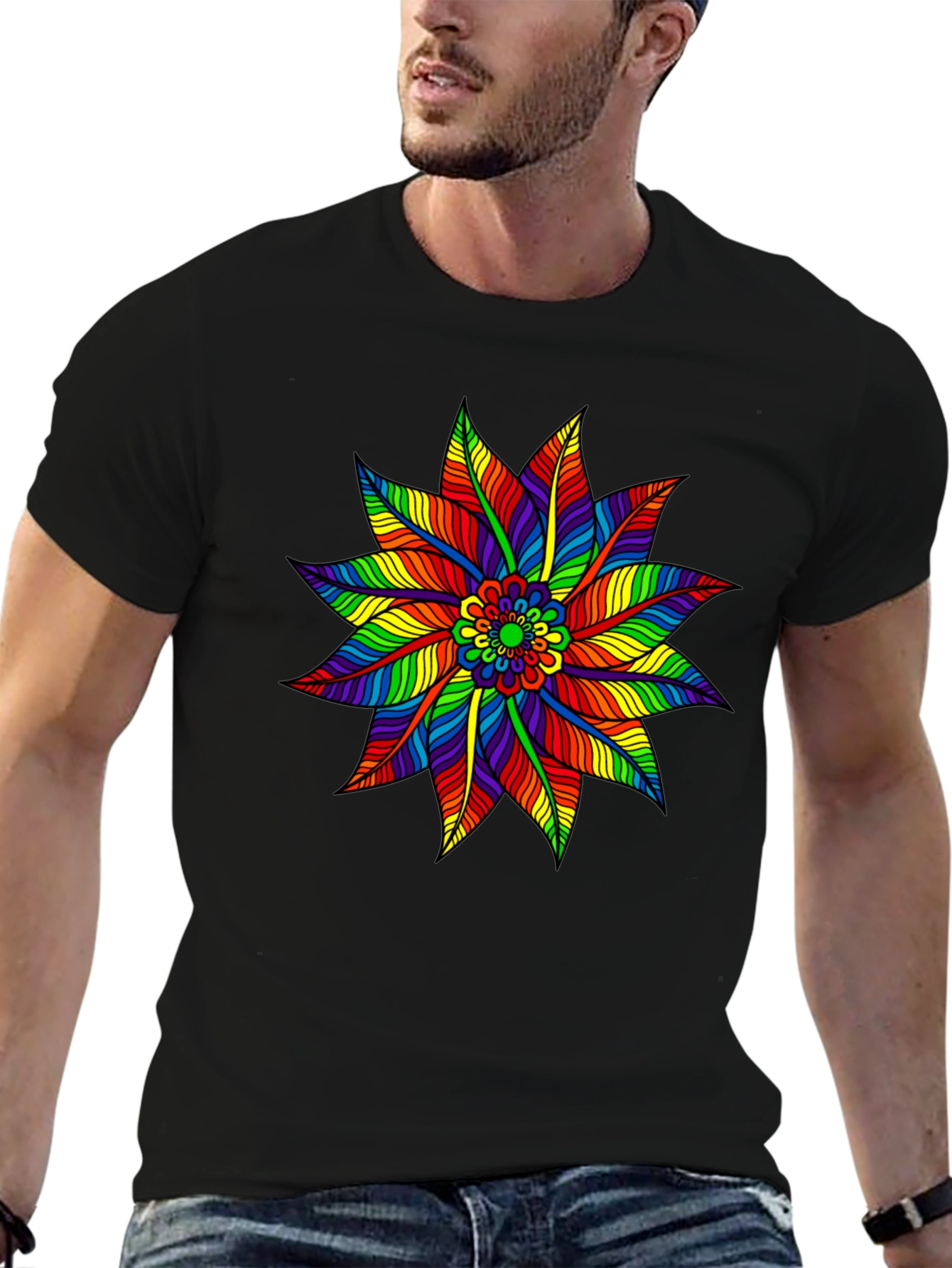 Rainbow Flower Graphic Tee - Stylish Black T-Shirt