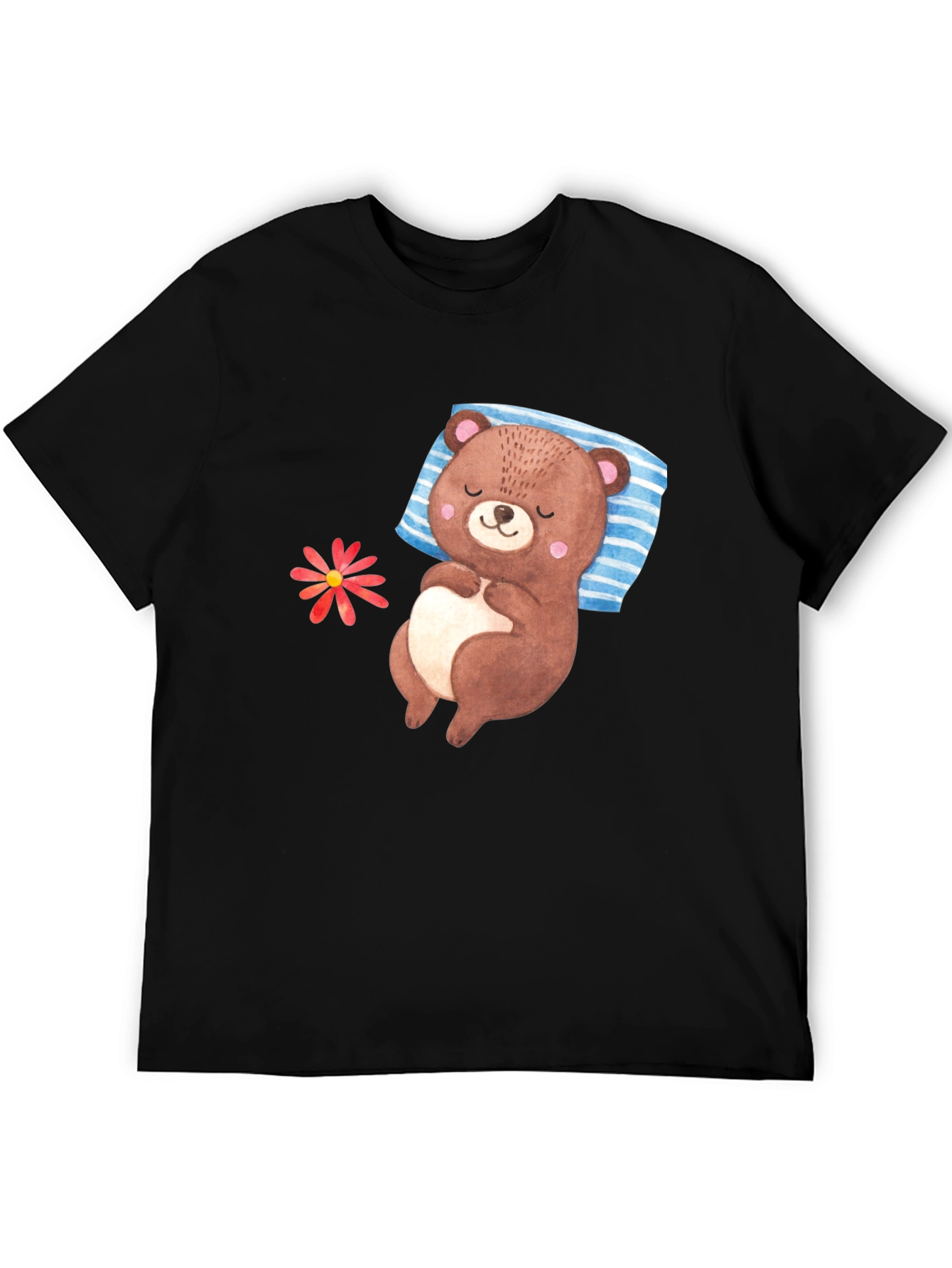 Cute Sleeping Bear Graphic Tee - Black Casual T-Shirt