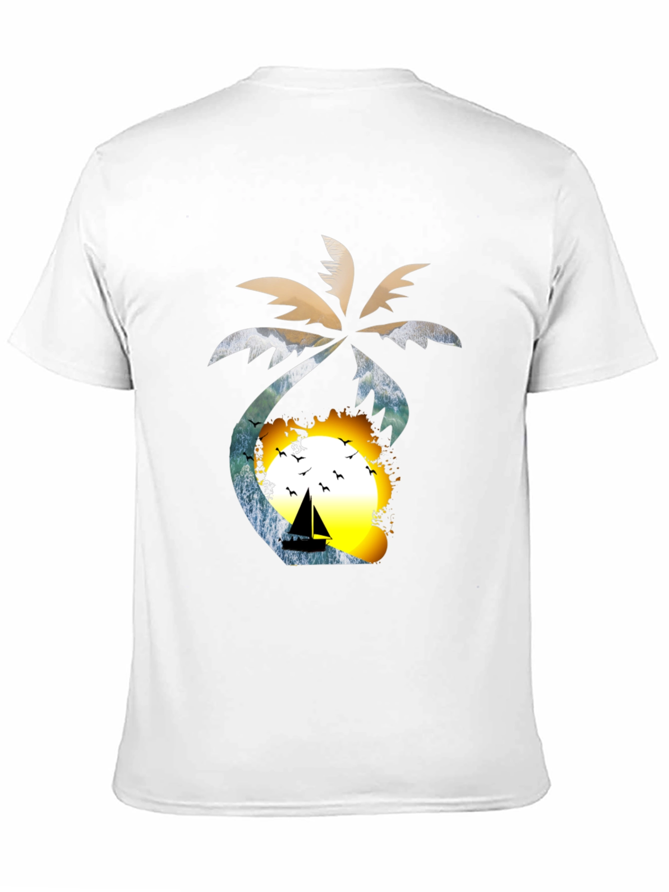 Tropical Sunset T-Shirt: Palm Tree Sailboat Design
