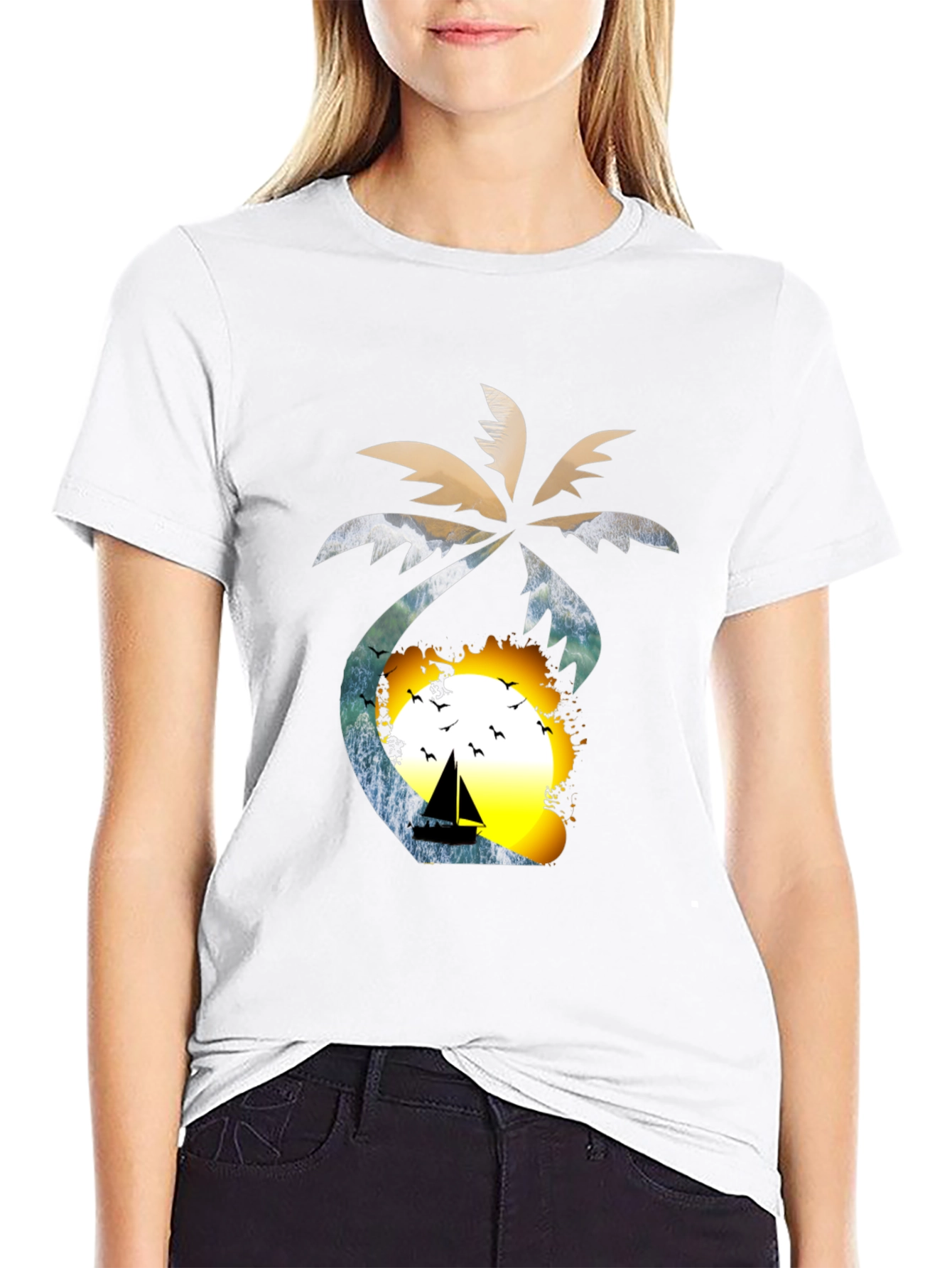 Tropical Sunset T-Shirt: Palm Tree Sailboat Design