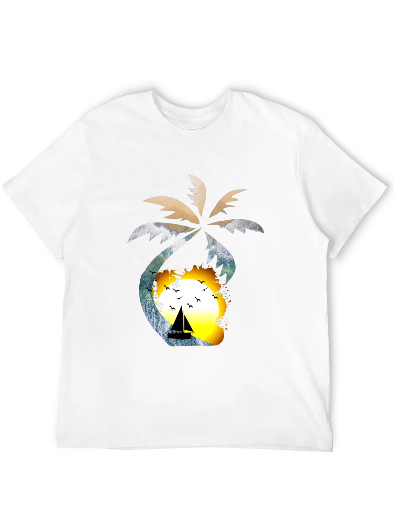 Tropical Sunset T-Shirt: Palm Tree Sailboat Design