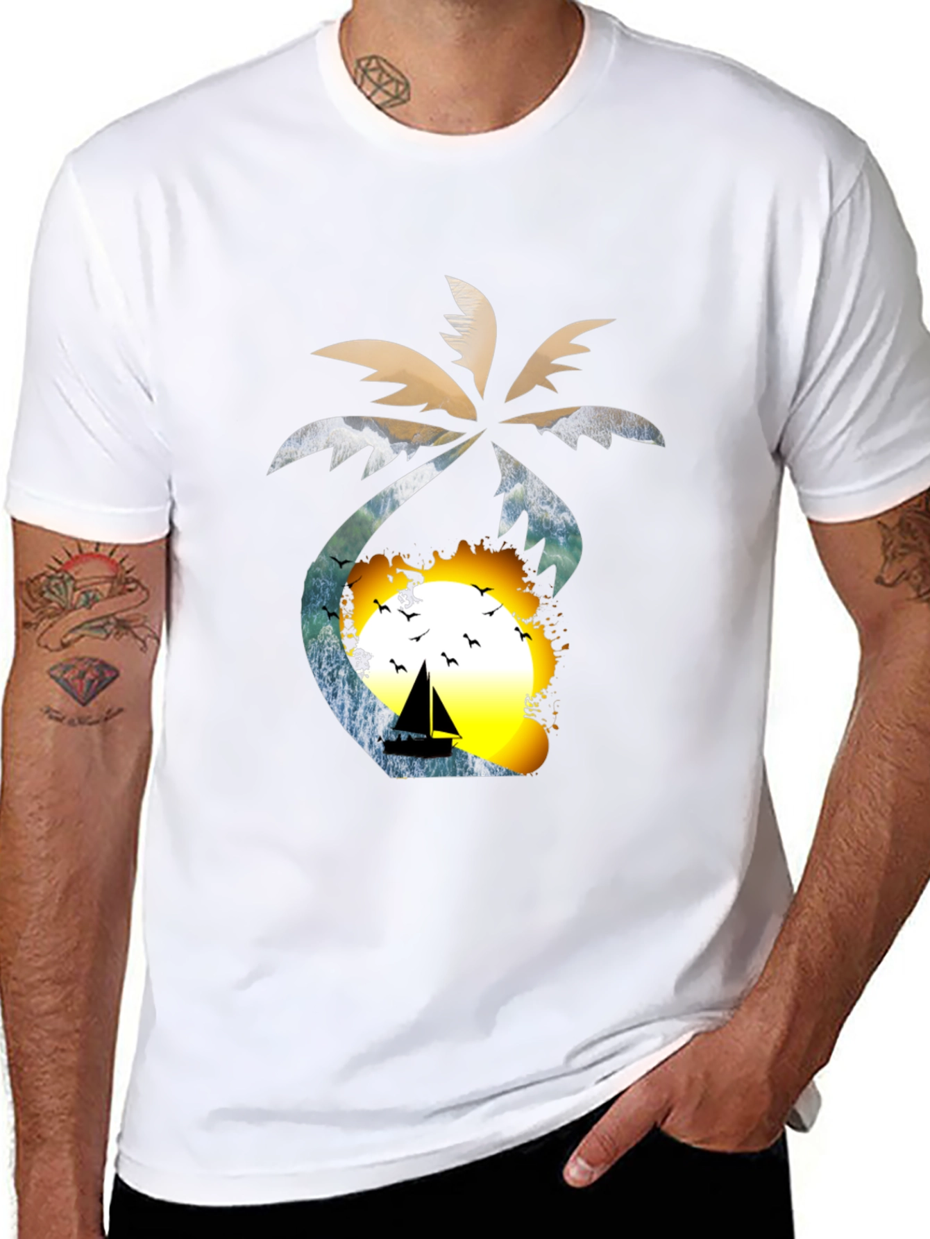 Tropical Sunset T-Shirt: Palm Tree Sailboat Design