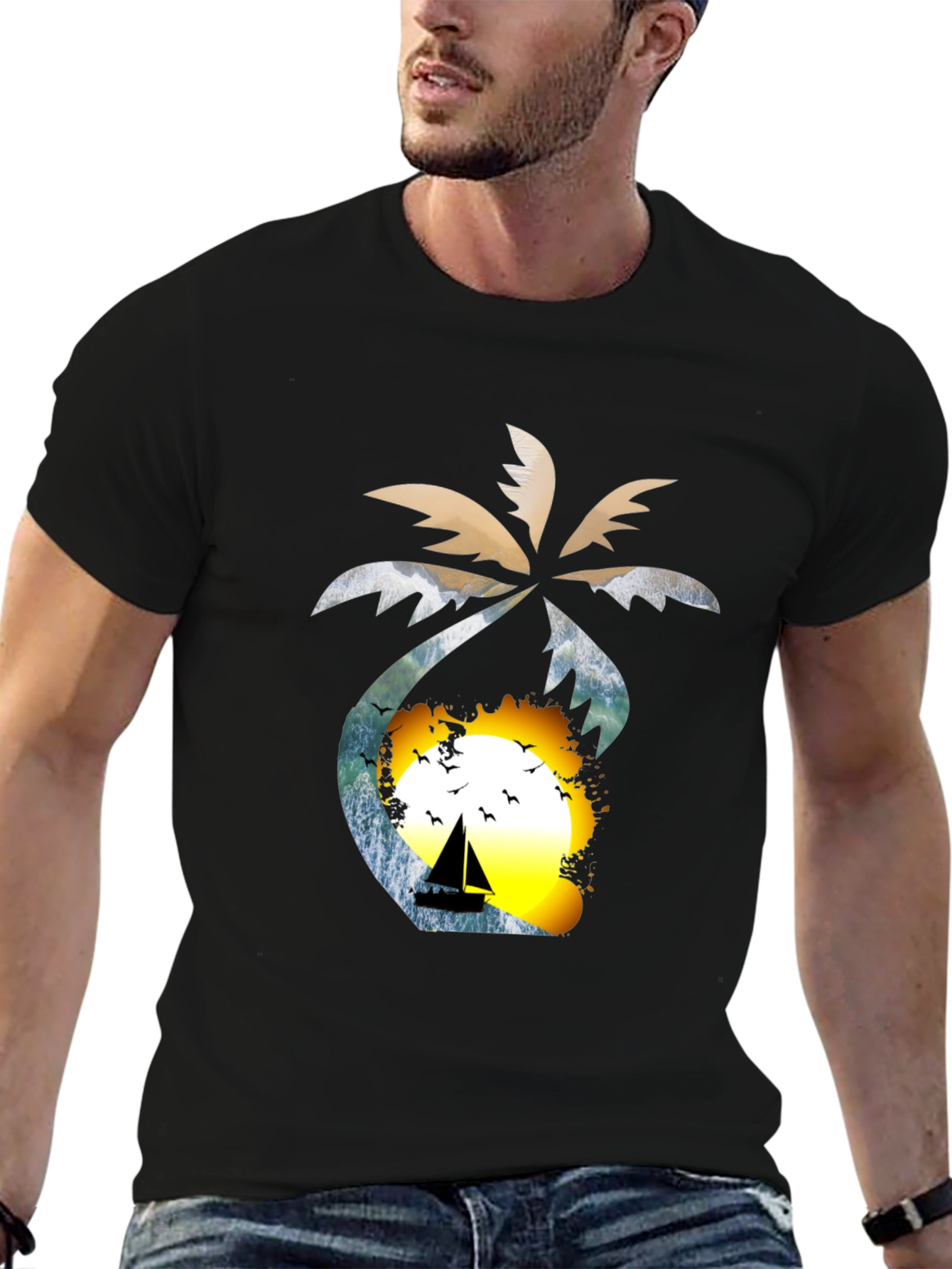 Tropical Sunset T-Shirt: Palm Tree Sailboat Design