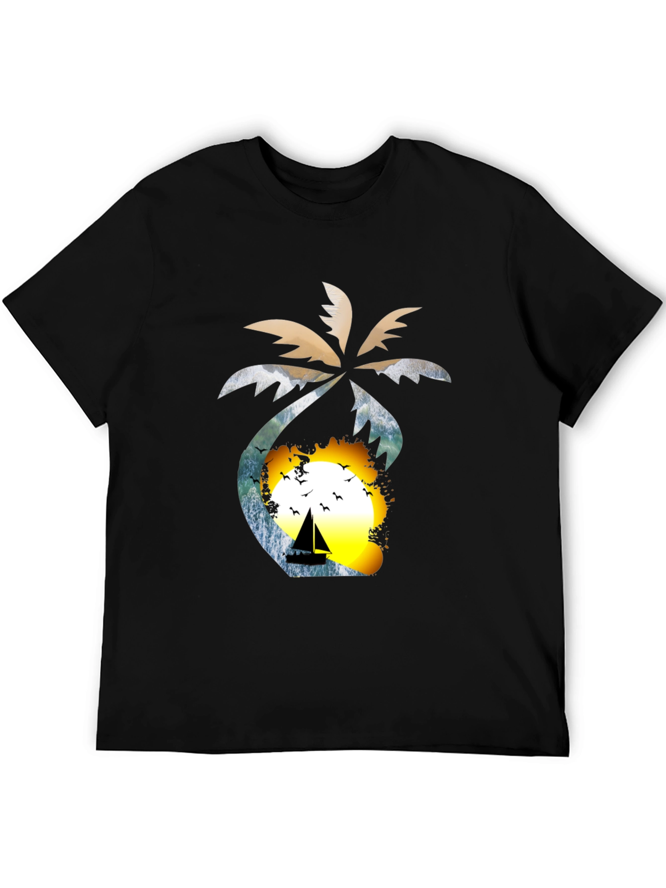 Tropical Sunset T-Shirt: Palm Tree Sailboat Design