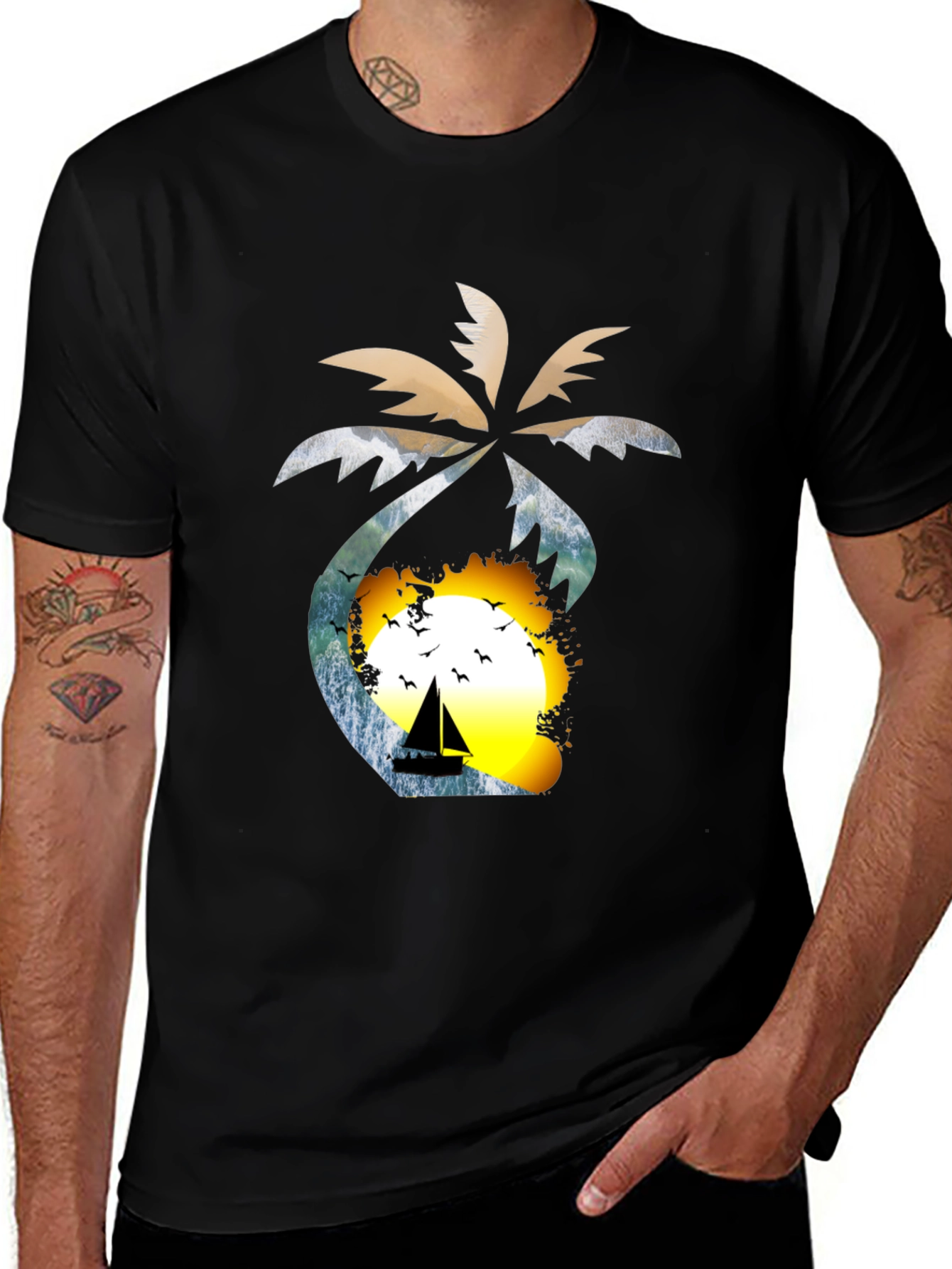 Tropical Sunset T-Shirt: Palm Tree Sailboat Design