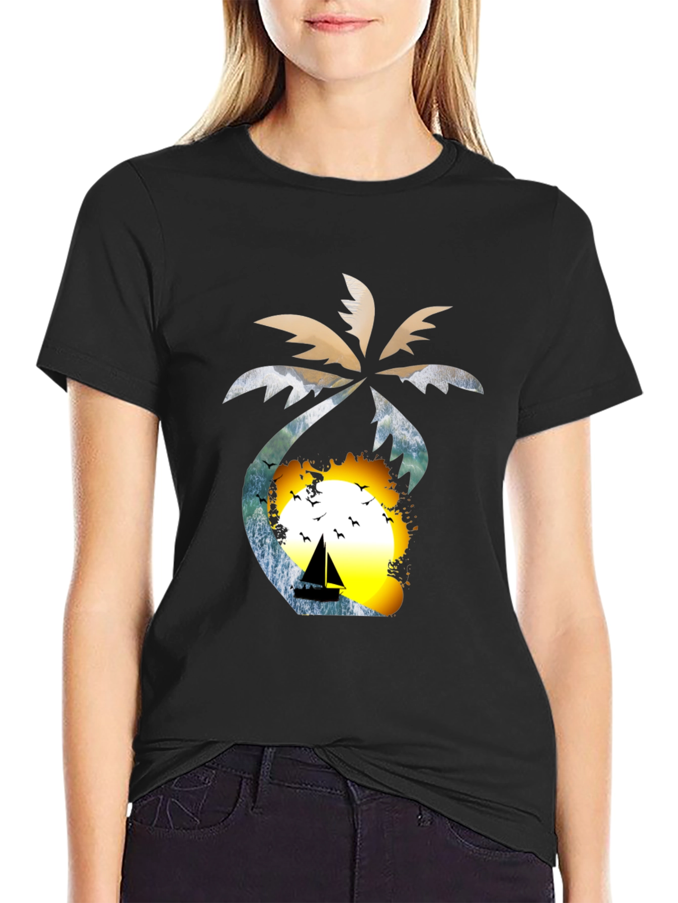 Tropical Sunset T-Shirt: Palm Tree Sailboat Design