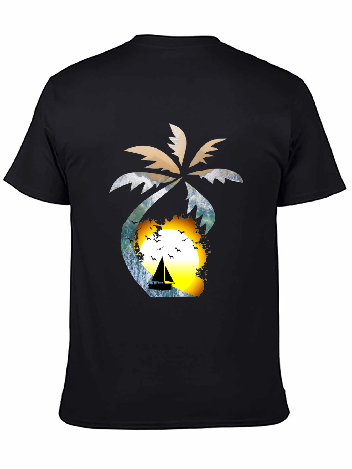 Tropical Sunset T-Shirt: Palm Tree Sailboat Design