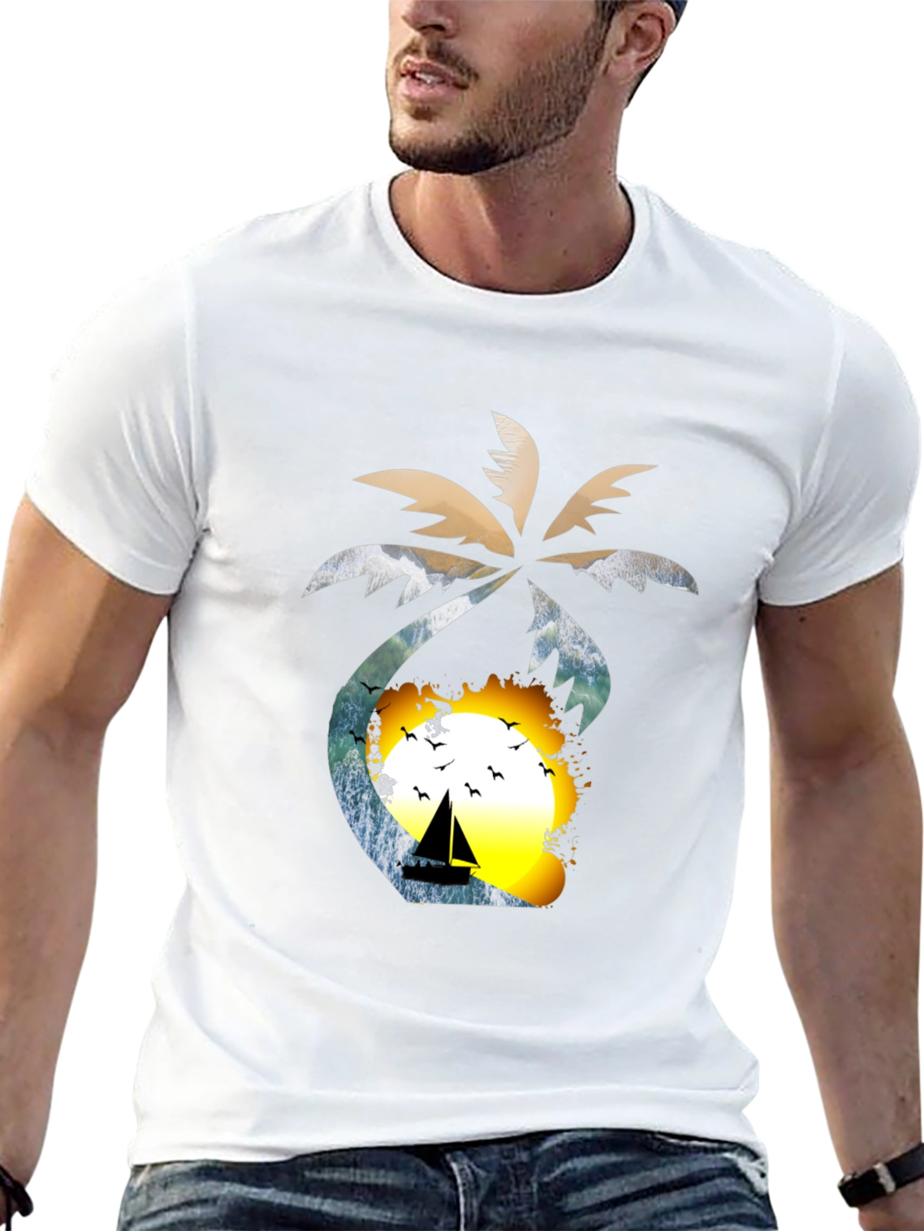 Tropical Sunset T-Shirt: Palm Tree Sailboat Design